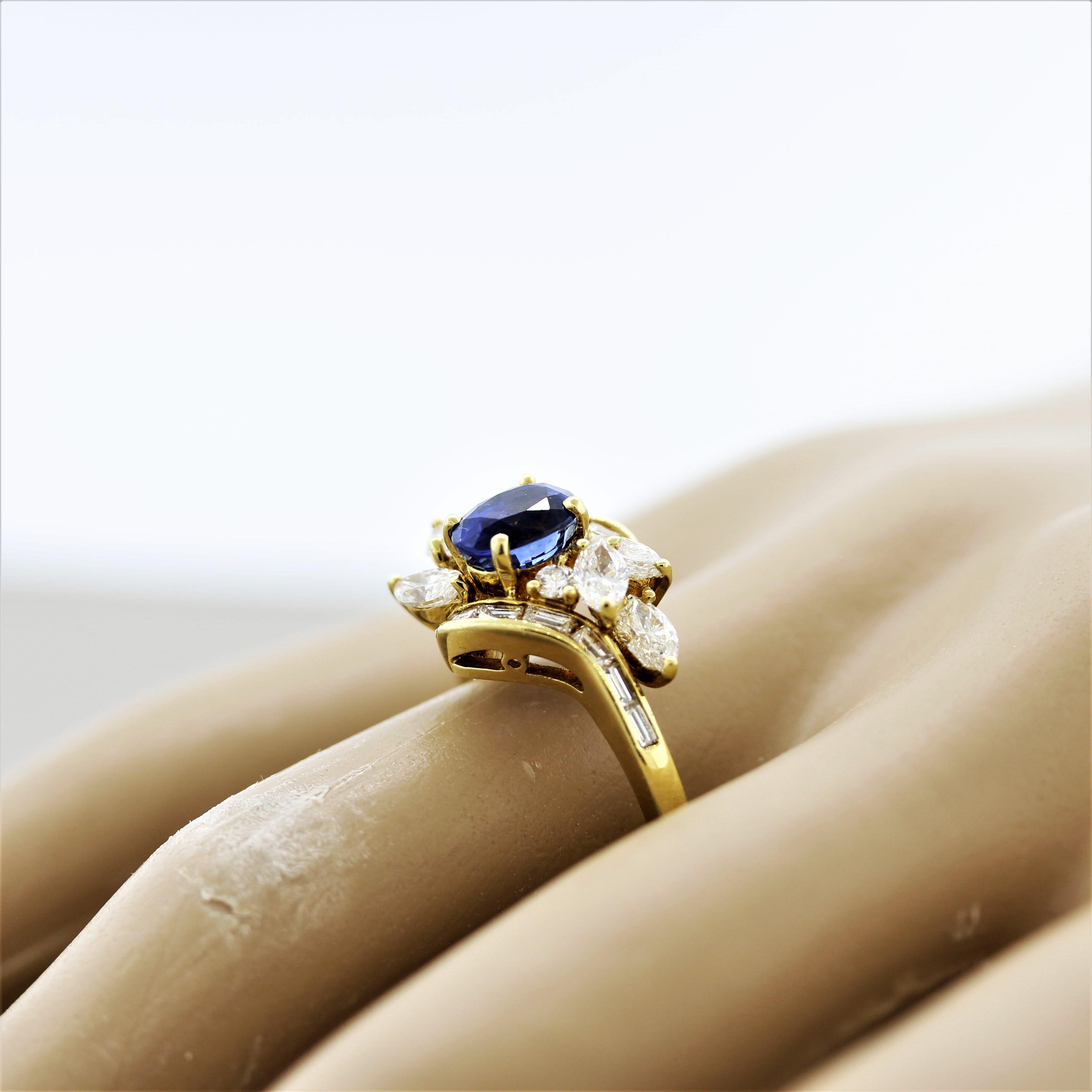 Blue Sapphire Diamond Gold Spray Ring 5