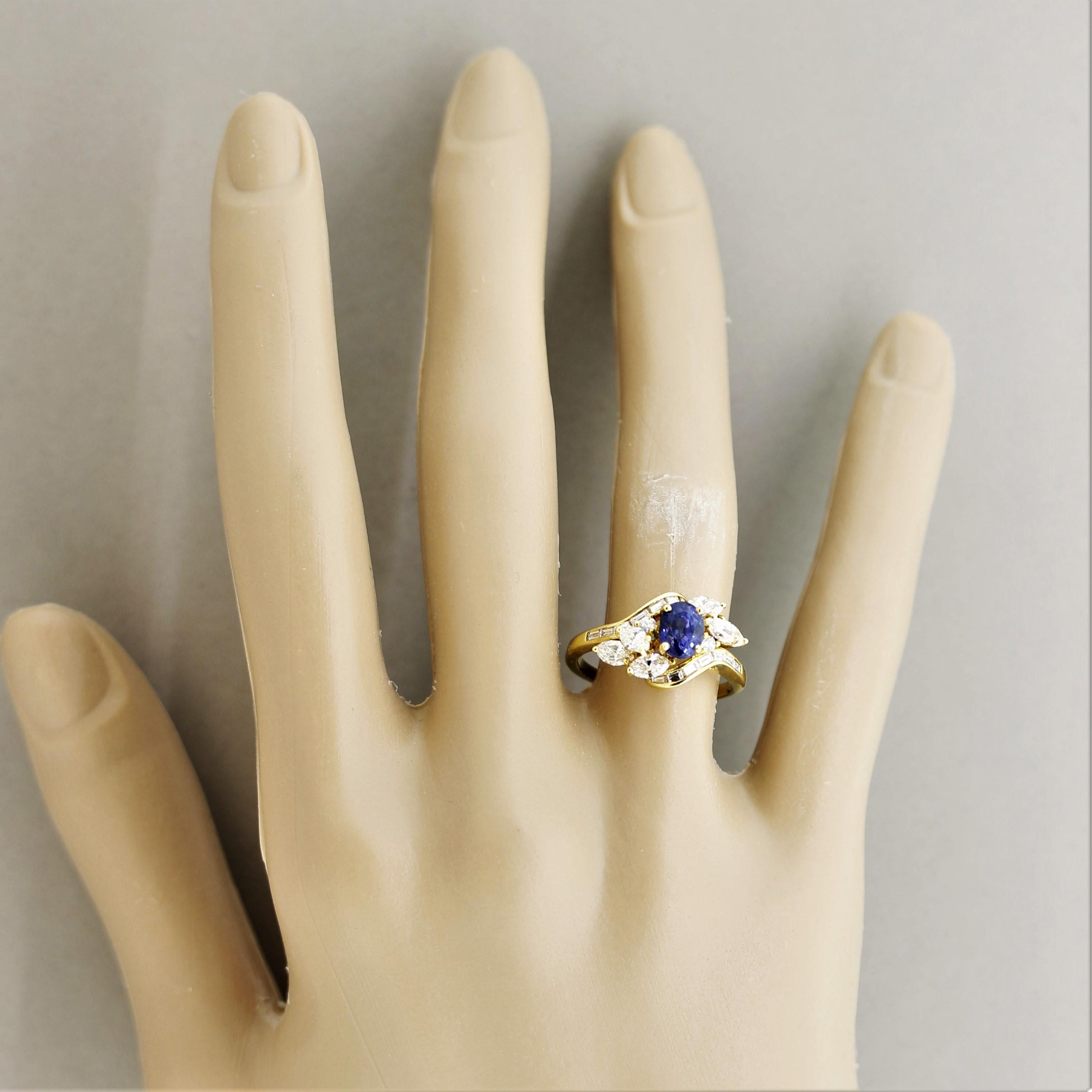 Blue Sapphire Diamond Gold Spray Ring 6