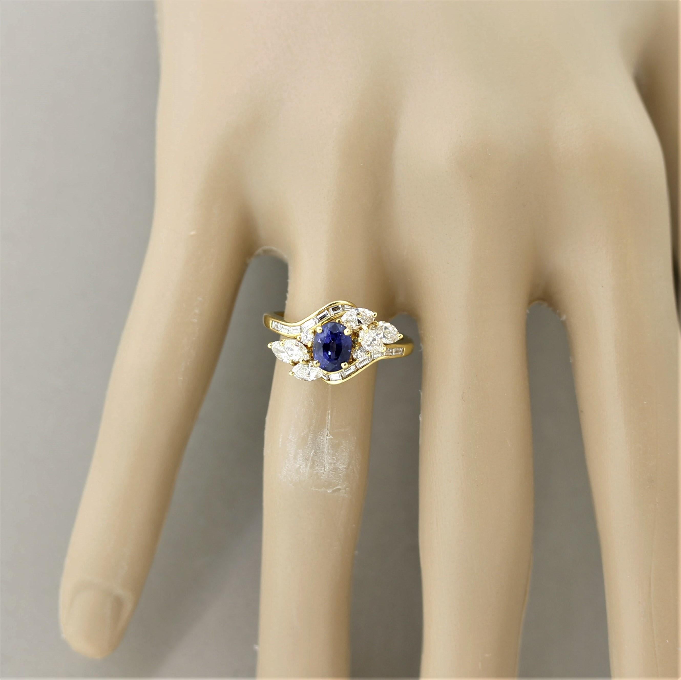 Blue Sapphire Diamond Gold Spray Ring 7