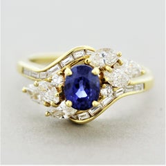 Blue Sapphire Diamond Gold Spray Ring