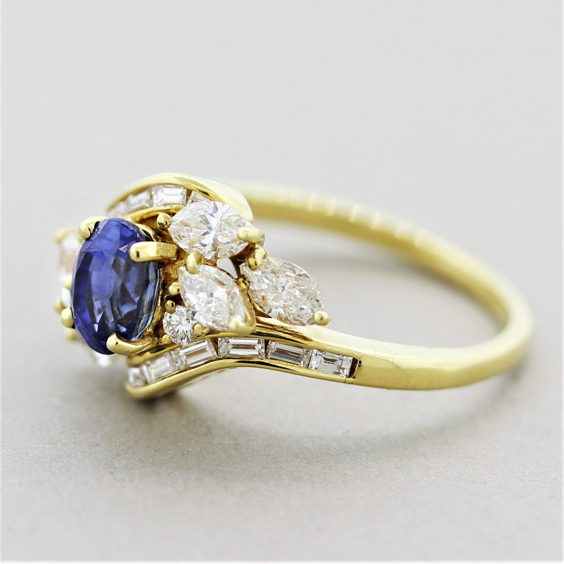 Mixed Cut Blue Sapphire Diamond Gold Spray Ring