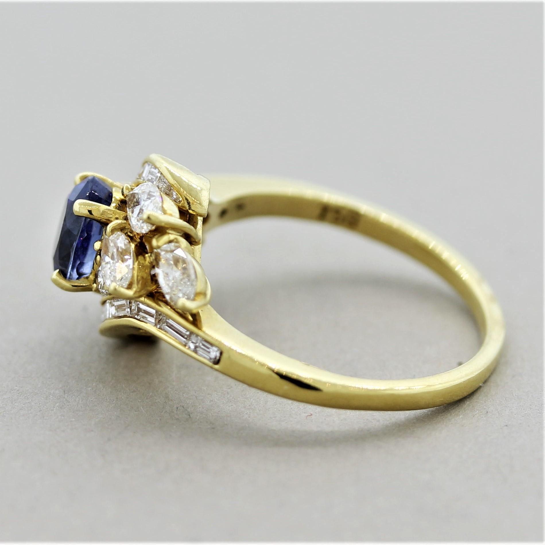Blue Sapphire Diamond Gold Spray Ring In New Condition In Beverly Hills, CA