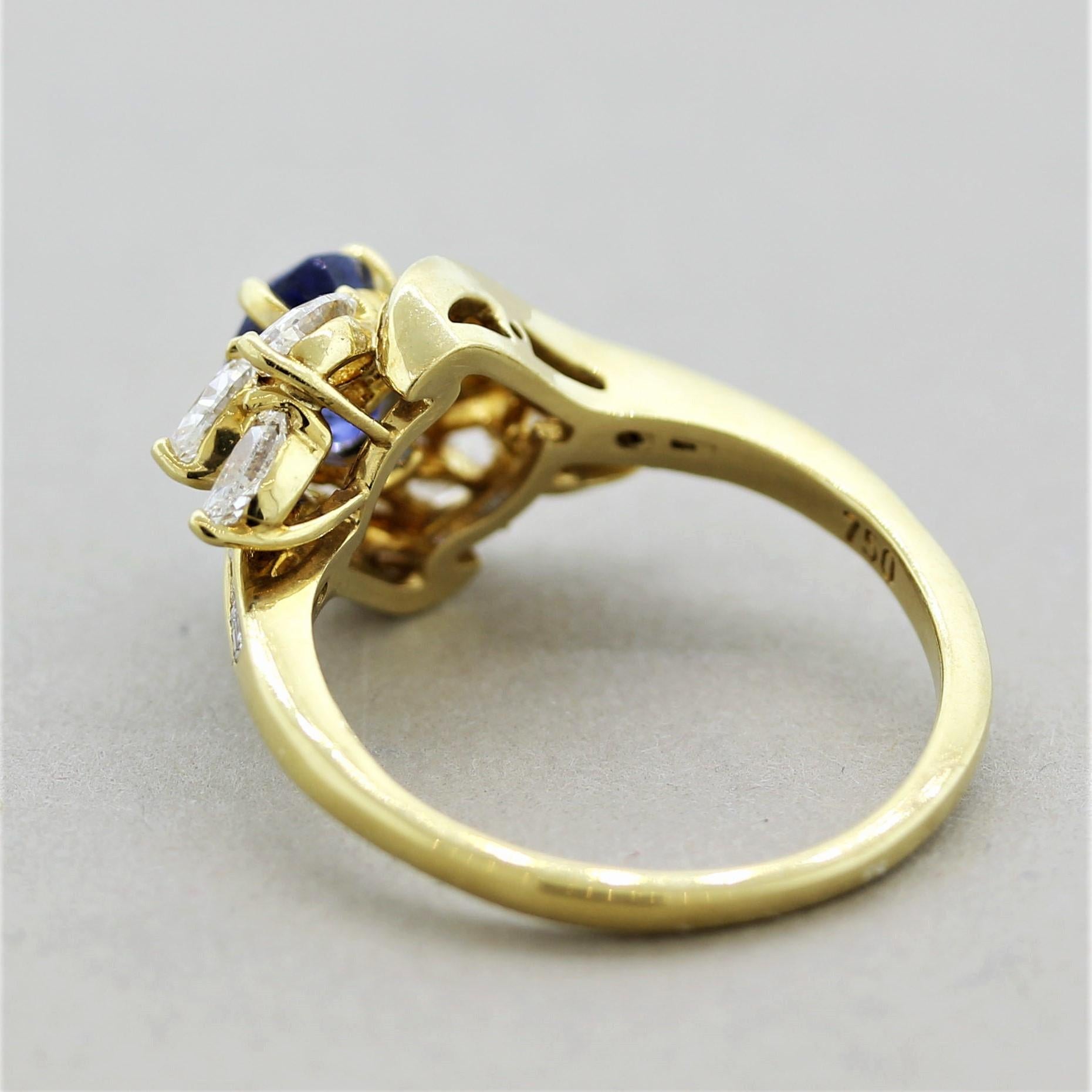 Women's Blue Sapphire Diamond Gold Spray Ring