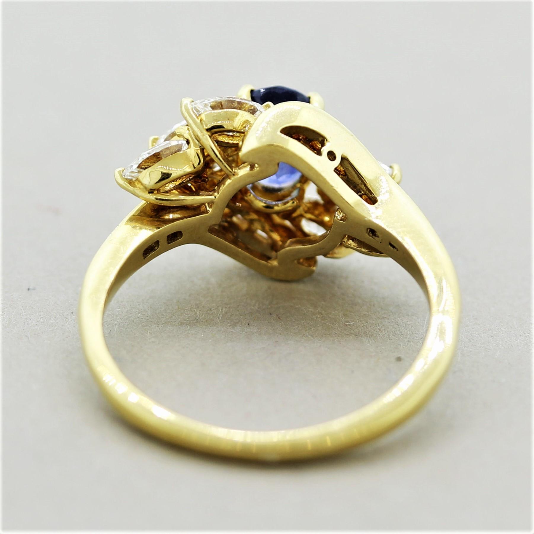 Blue Sapphire Diamond Gold Spray Ring 1