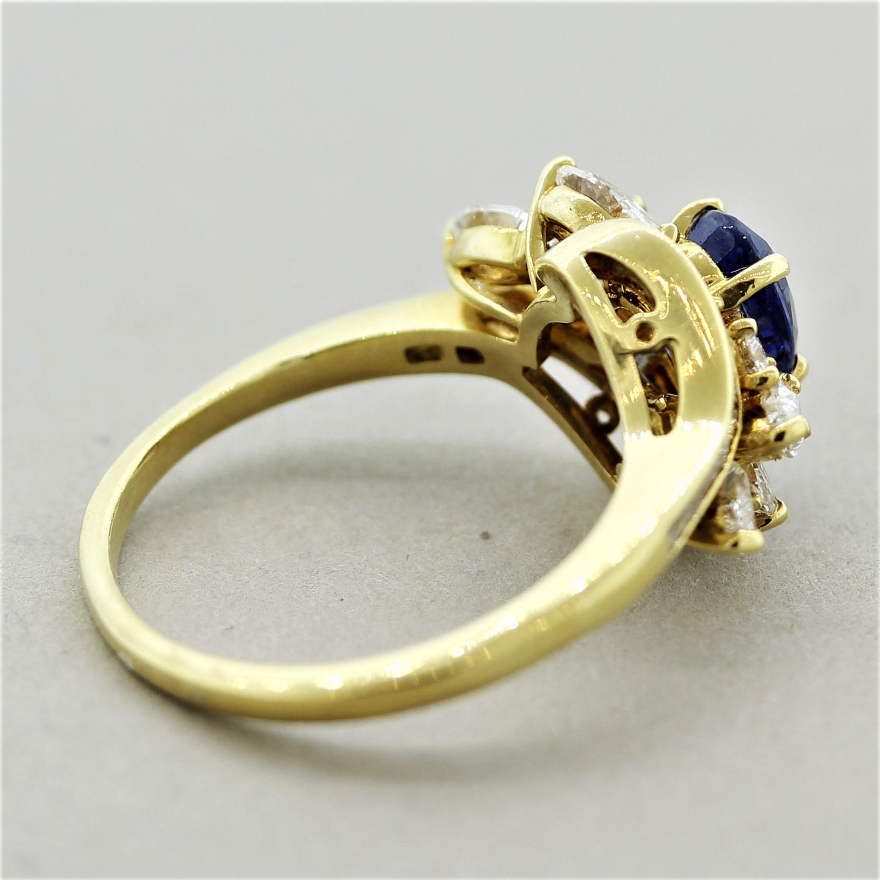 Blue Sapphire Diamond Gold Spray Ring 2
