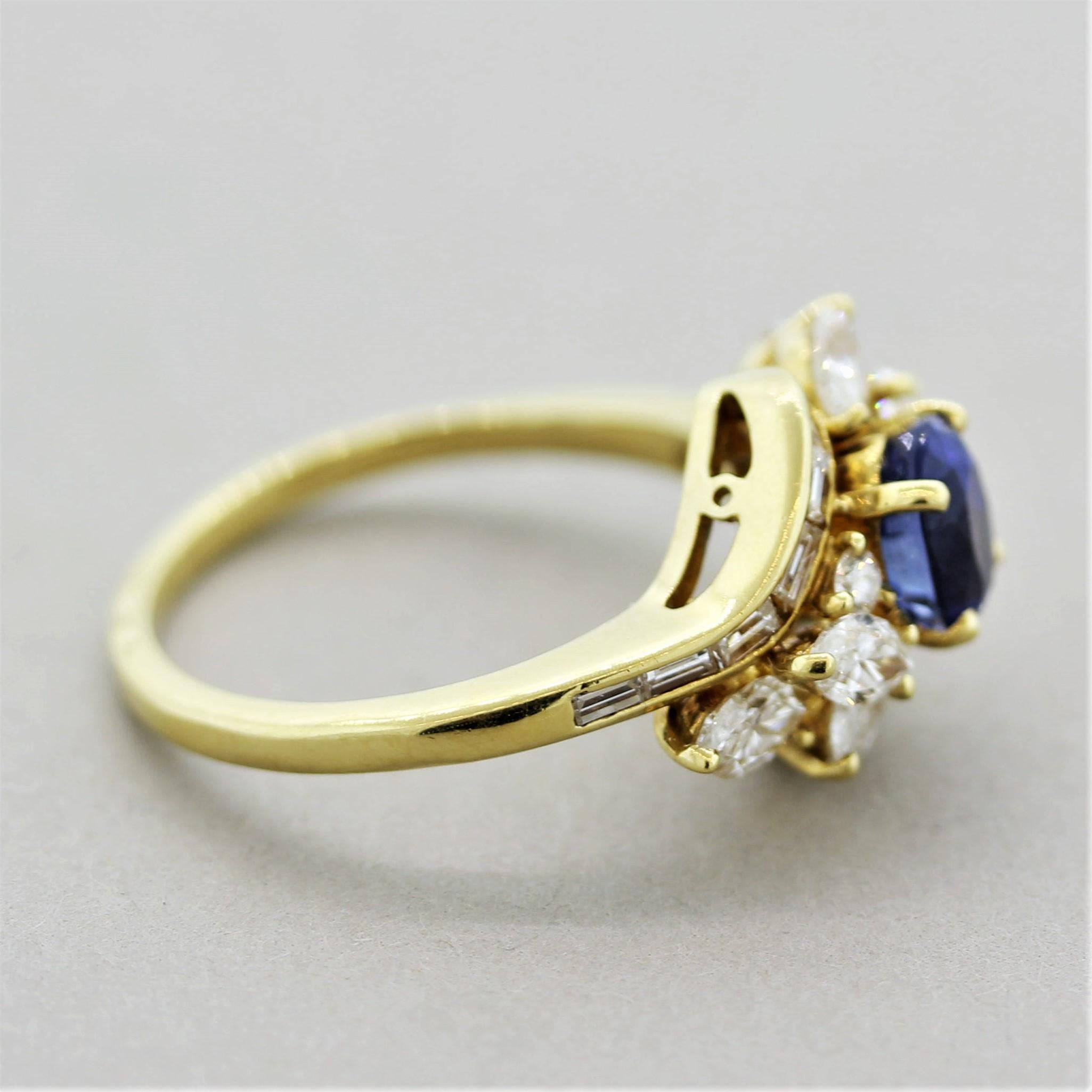 Blue Sapphire Diamond Gold Spray Ring 3