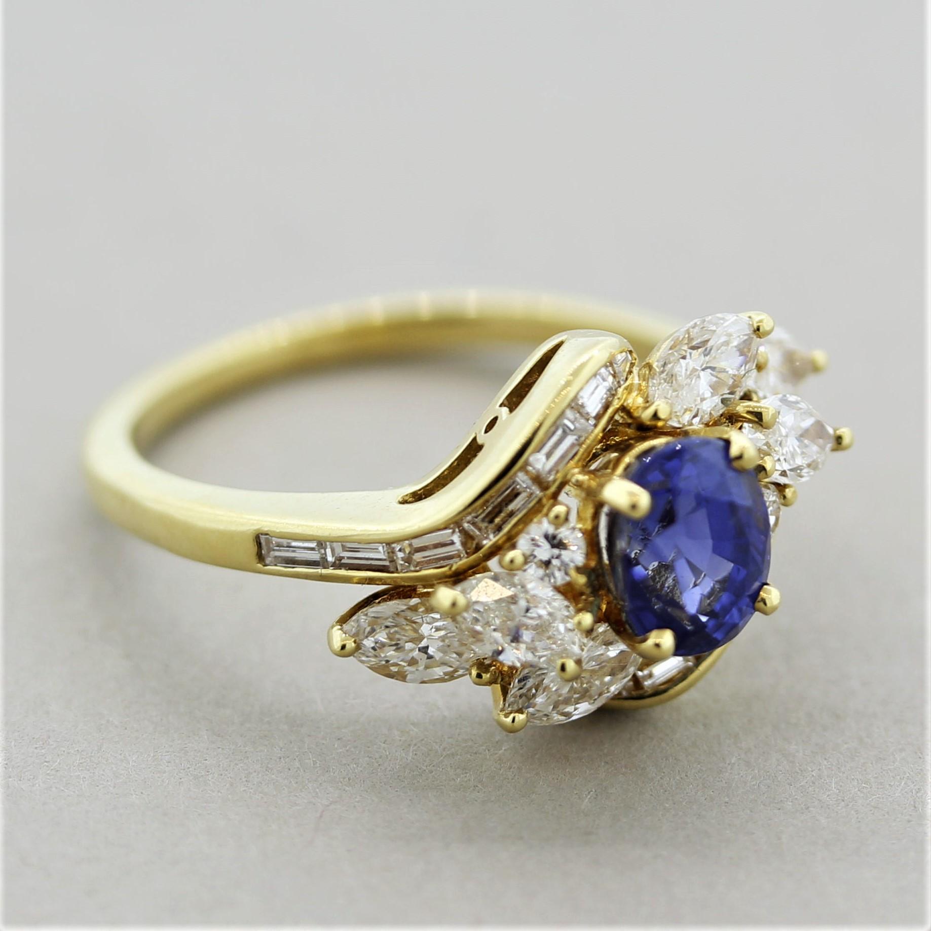 Blue Sapphire Diamond Gold Spray Ring 4
