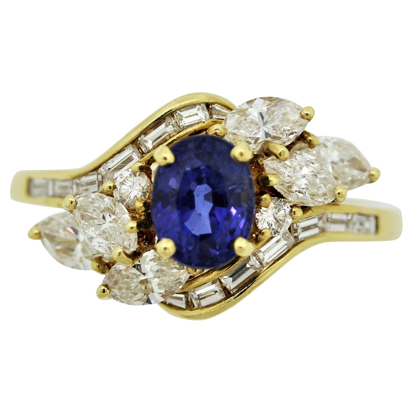 Blue Sapphire Diamond Gold Spray Ring