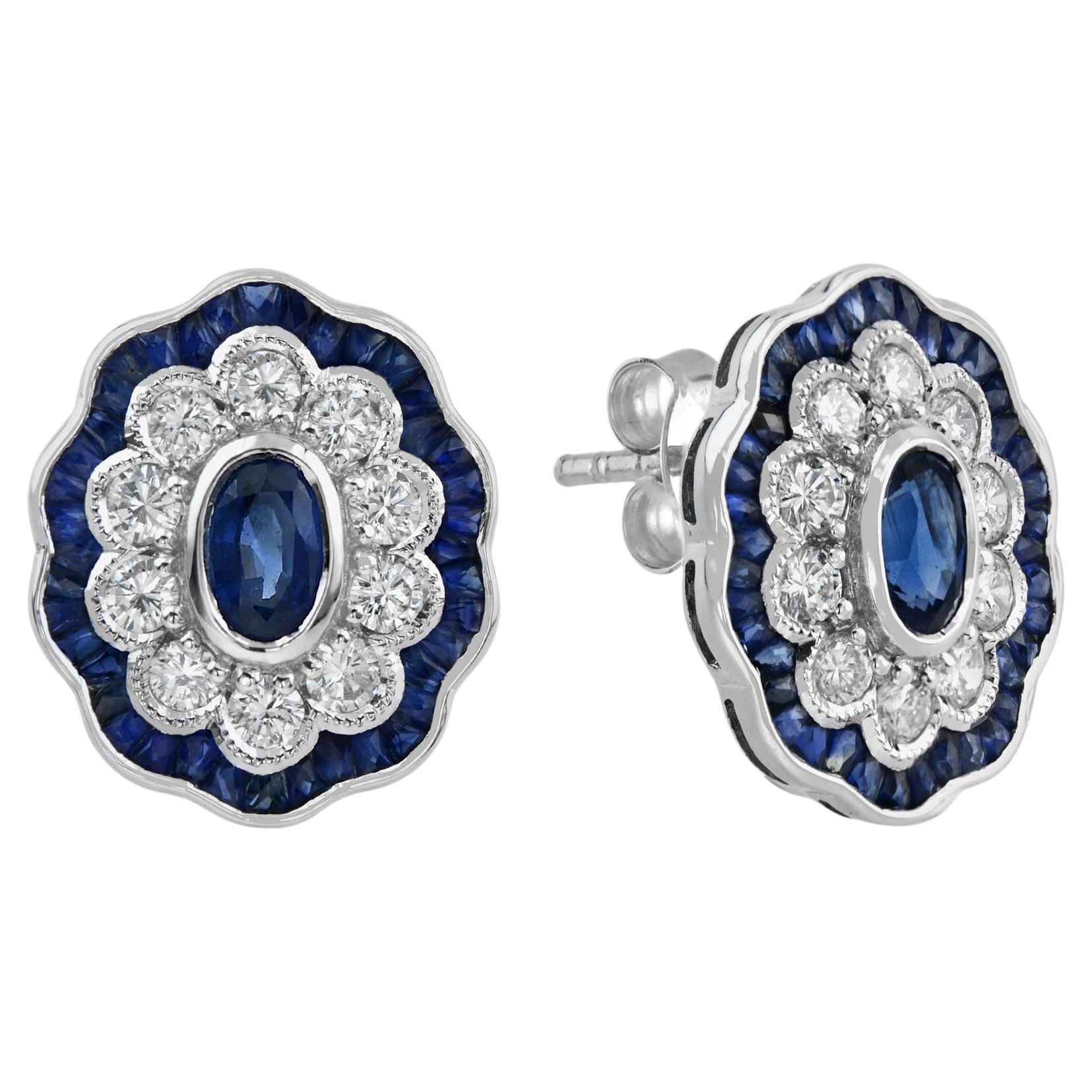 Blauer Saphir & Diamant Halo Art Deco Stil Oval Floral Weißgold Ohrstecker