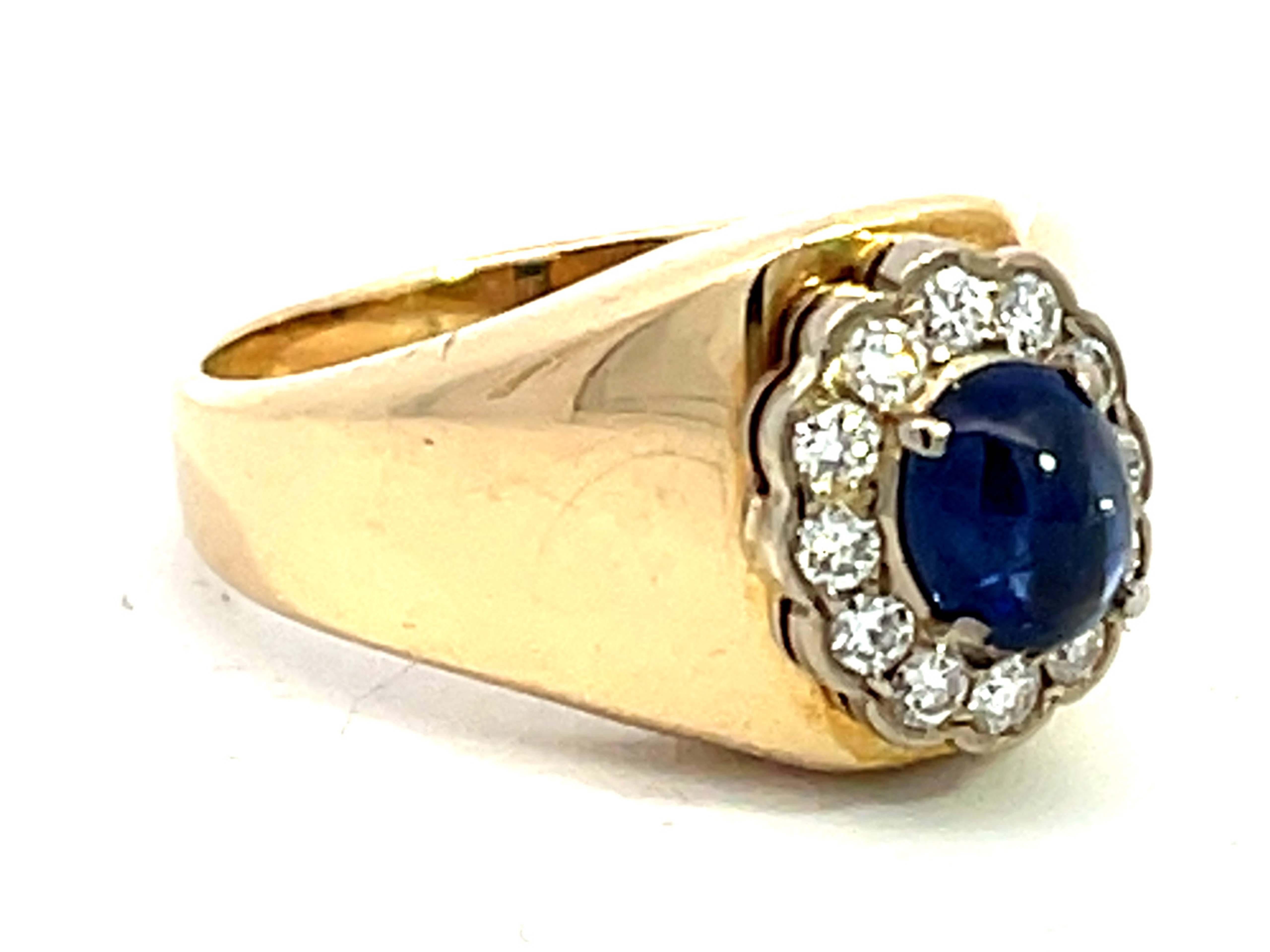 Modern Blue Sapphire Diamond Halo Band Ring in 14k Yellow Gold For Sale