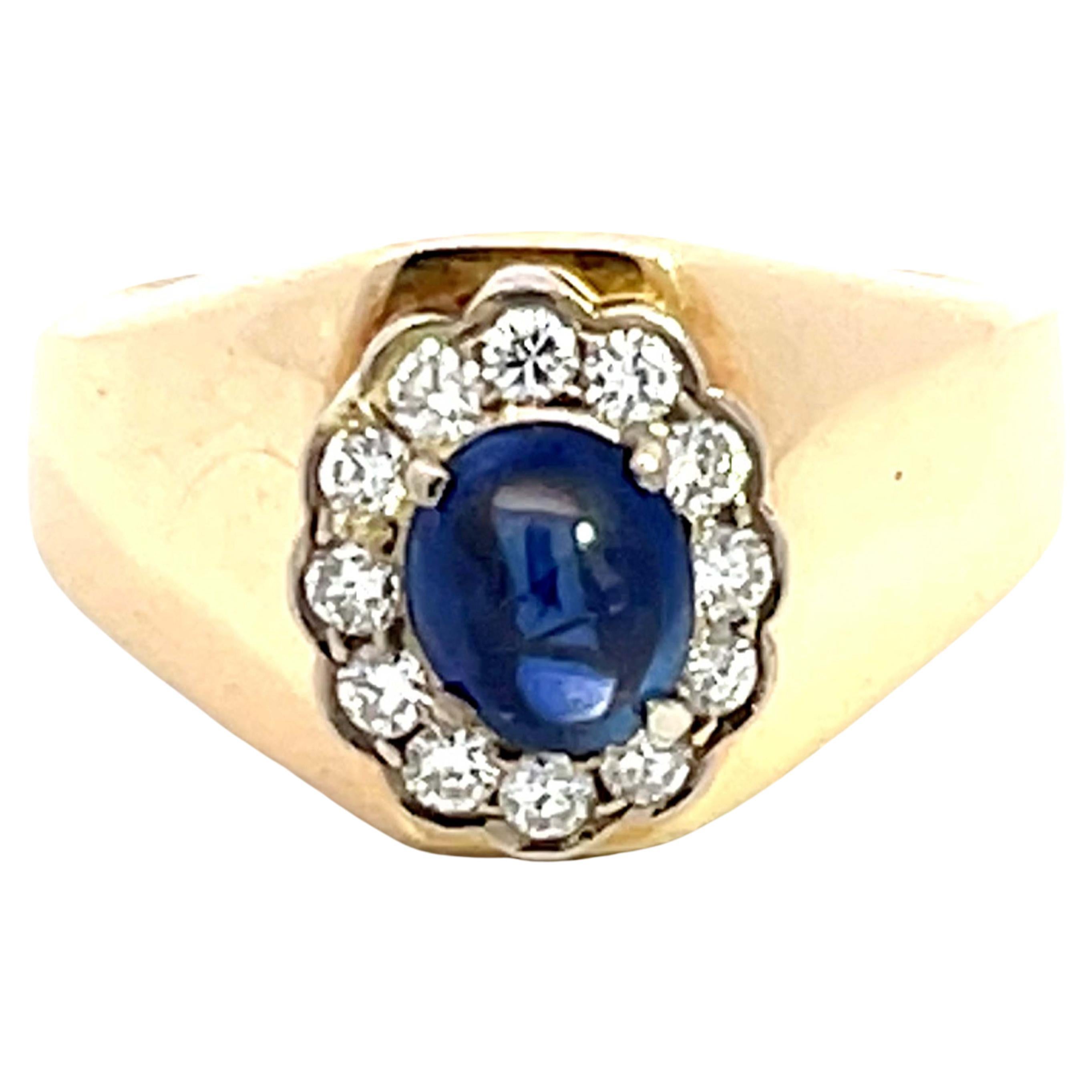 Blue Sapphire Diamond Halo Band Ring in 14k Yellow Gold For Sale