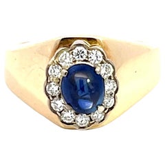 Bague à anneau en or jaune 14 carats avec saphir bleu et halo de diamants