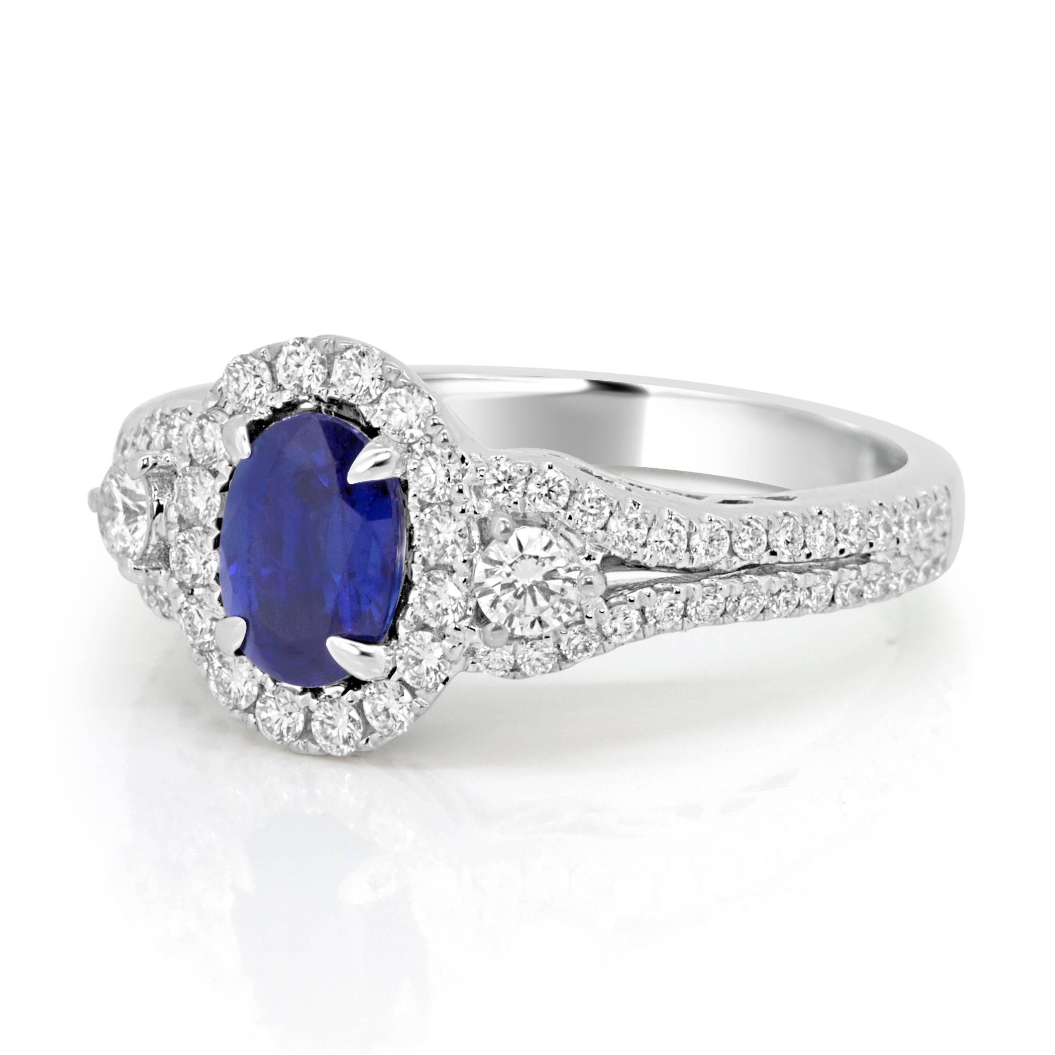 Modern Blue Sapphire Oval Diamond Halo Bridal Fashion Cocktail Three-Stone Gold Ring