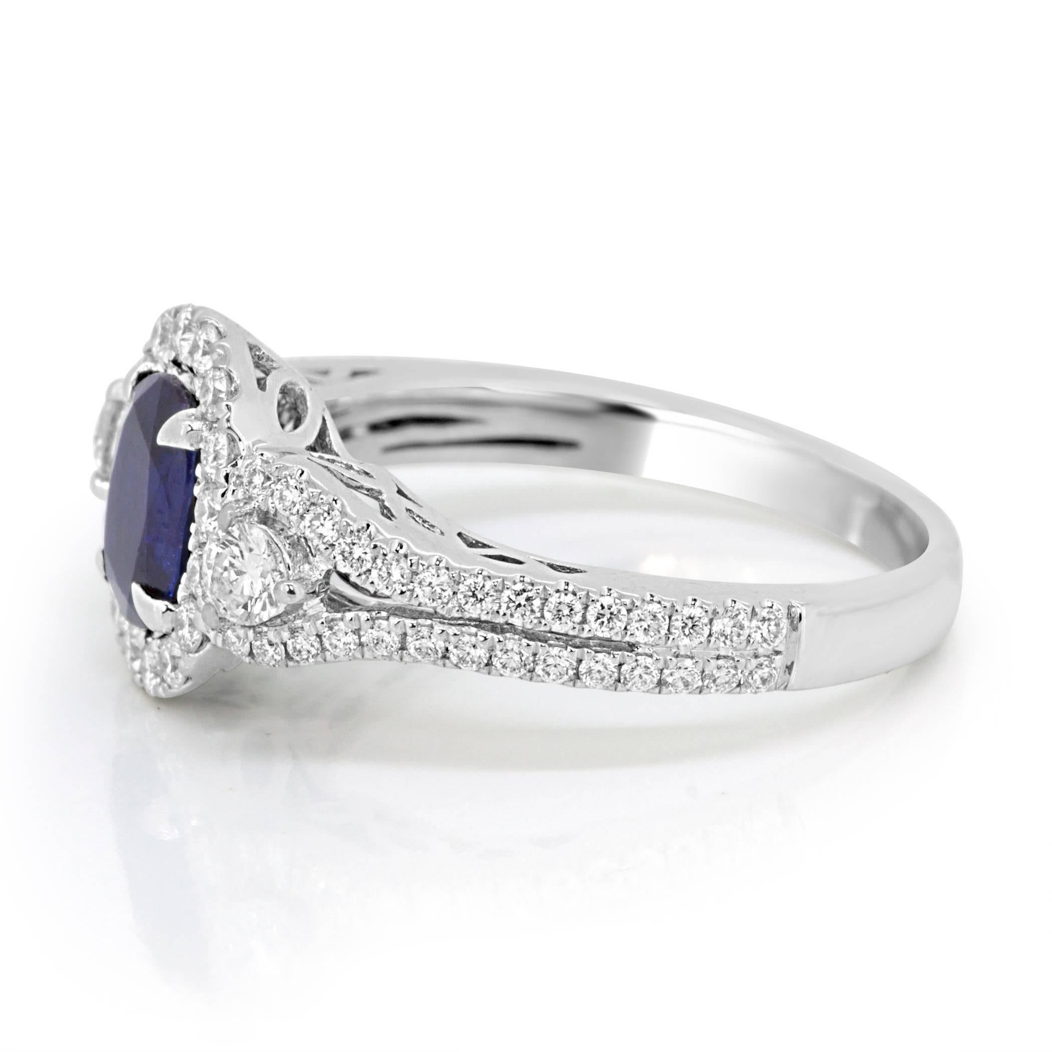 Blue Sapphire Oval Diamond Halo Bridal Fashion Cocktail Three-Stone Gold Ring In Excellent Condition In NEW YORK, NY