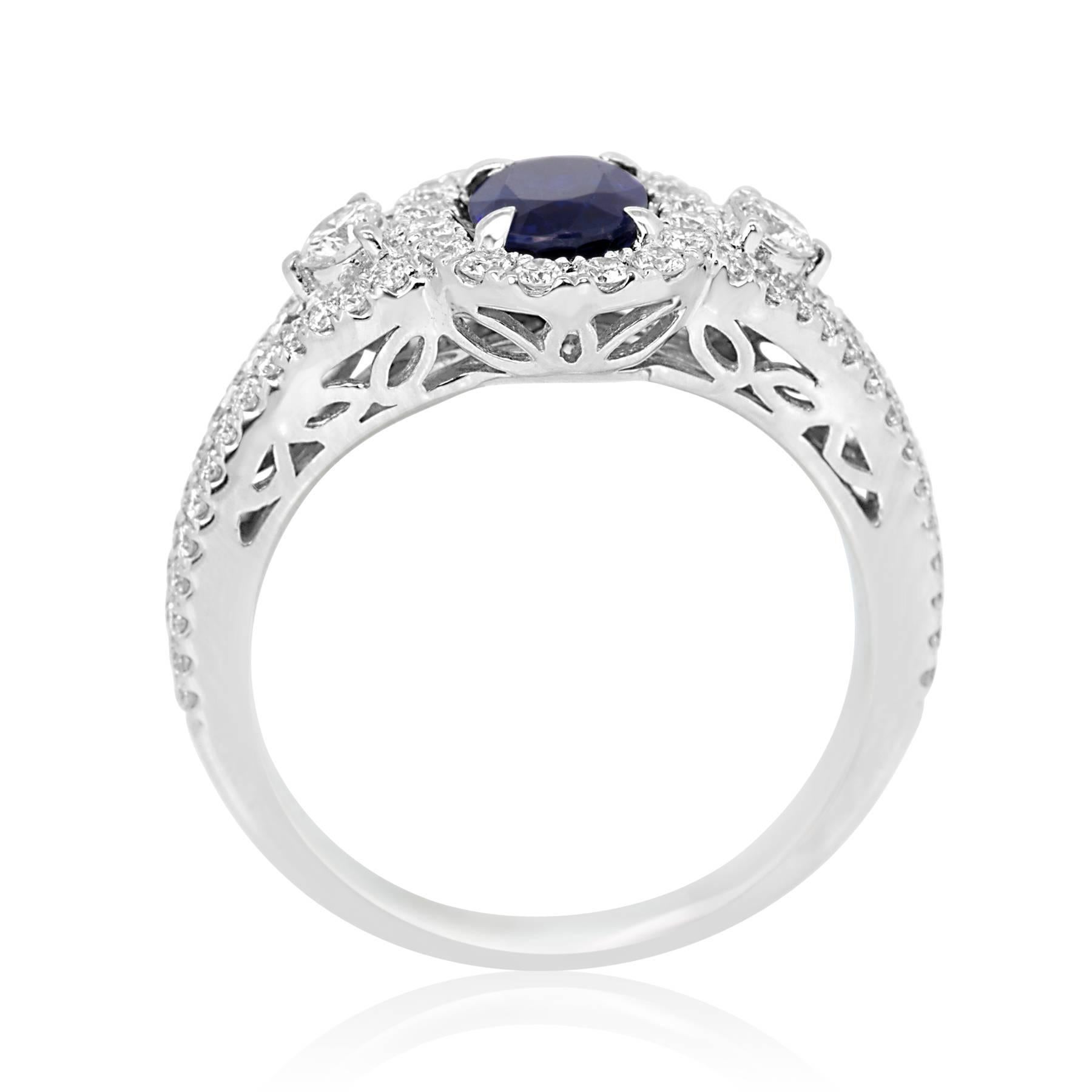 Blue Sapphire Oval Diamond Halo Bridal Fashion Cocktail Three-Stone Gold Ring 1