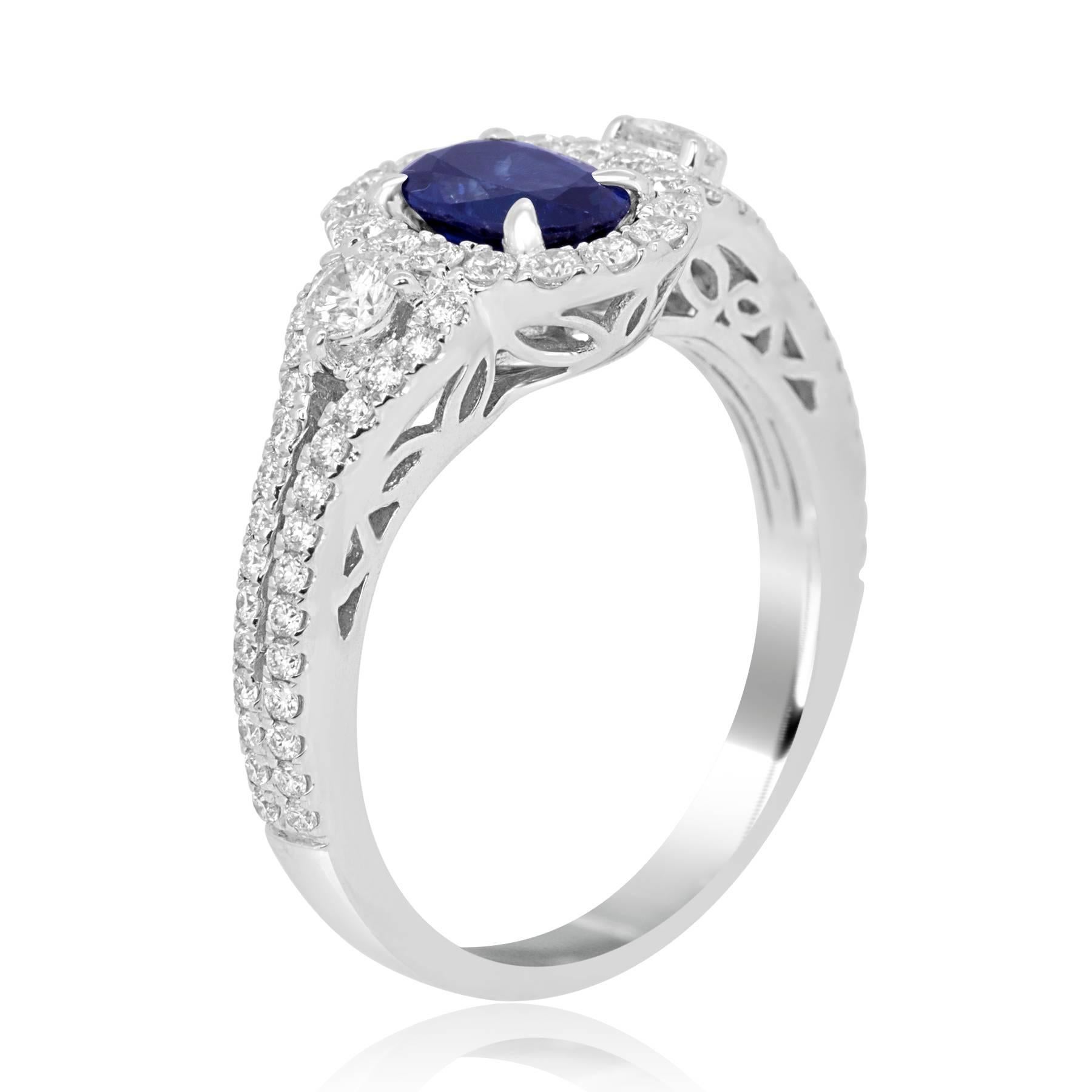 Blue Sapphire Oval Diamond Halo Bridal Fashion Cocktail Three-Stone Gold Ring 2