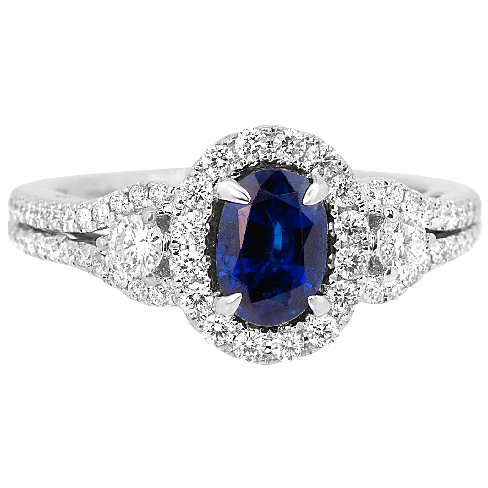 Blue Sapphire Oval Diamond Halo Bridal Fashion Cocktail Three-Stone Gold Ring