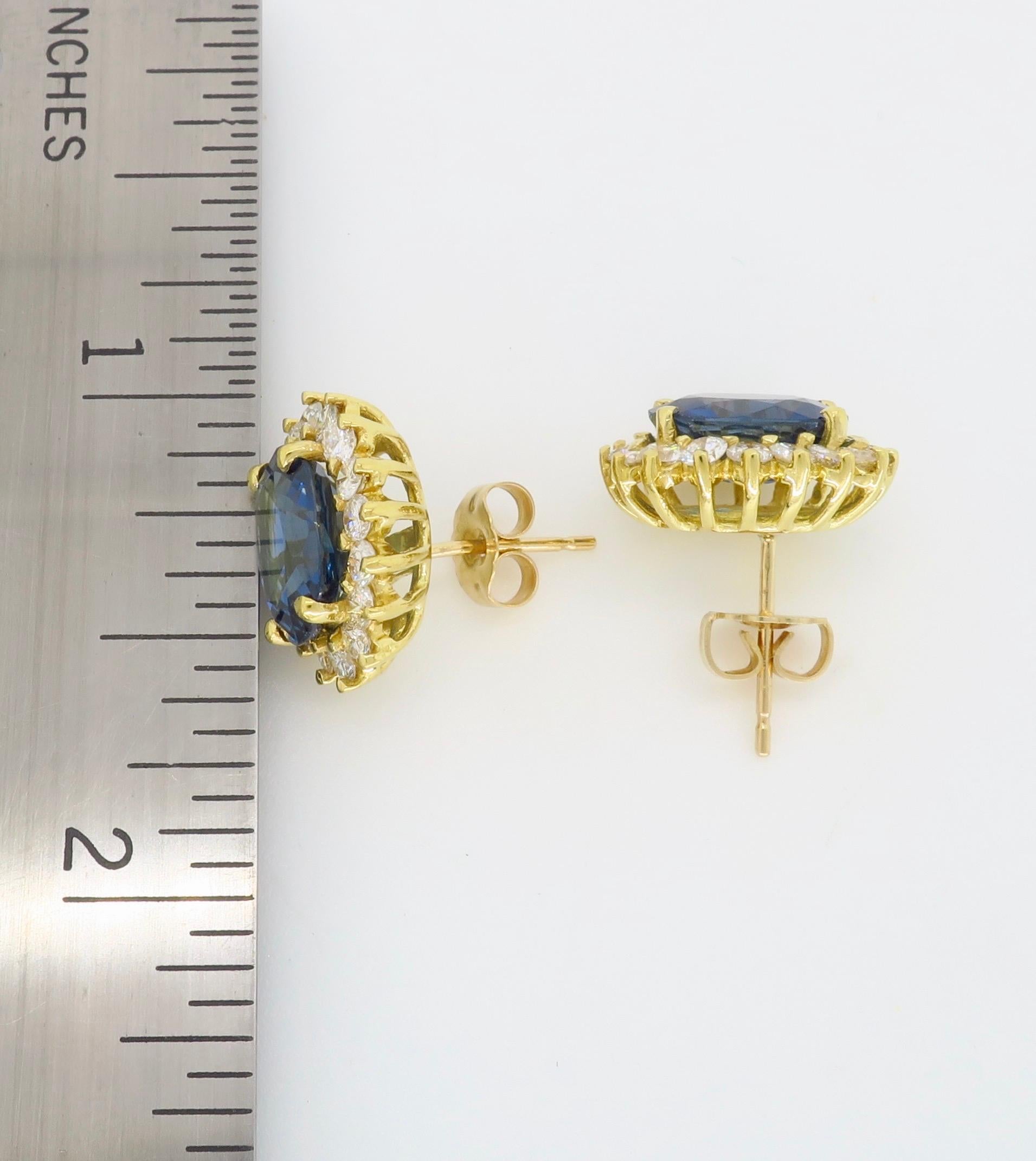 Women's or Men's Blue Sapphire and Diamond Halo Earrings For Sale