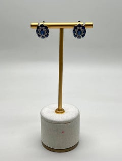 Blue Sapphire Diamond Halo Floral Flower Shape 14K White Gold Statement Earrings