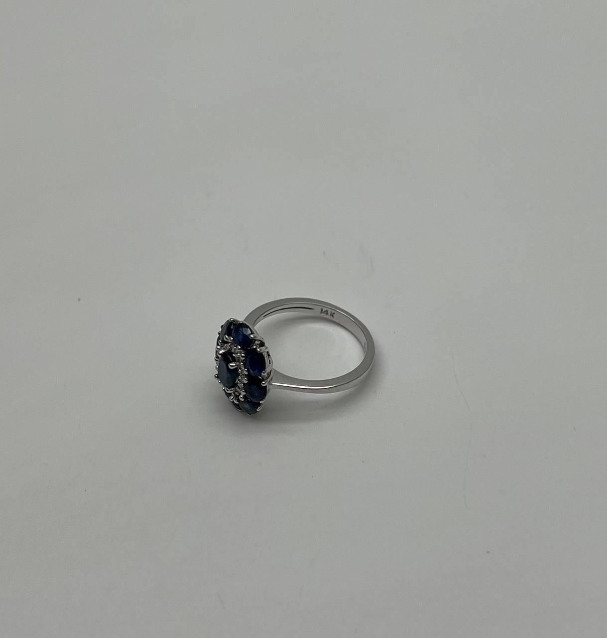 Oval Cut Blue Sapphire Diamond Halo Floral Flower Shape 14K White Gold Statement Ring For Sale