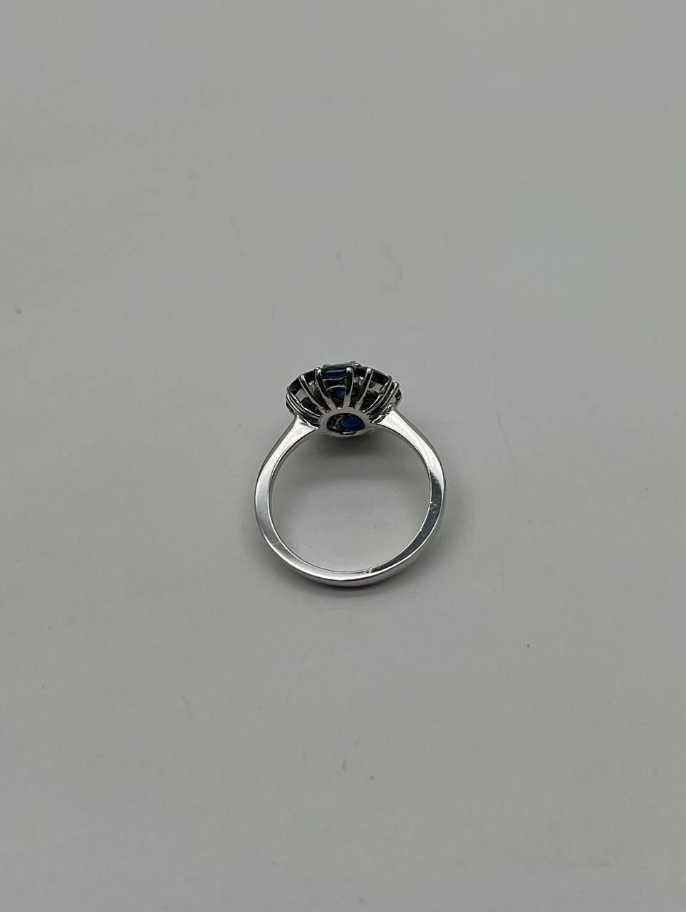 Blue Sapphire Diamond Halo Floral Flower Shape 14K White Gold Statement Ring In New Condition For Sale In Oakton, VA