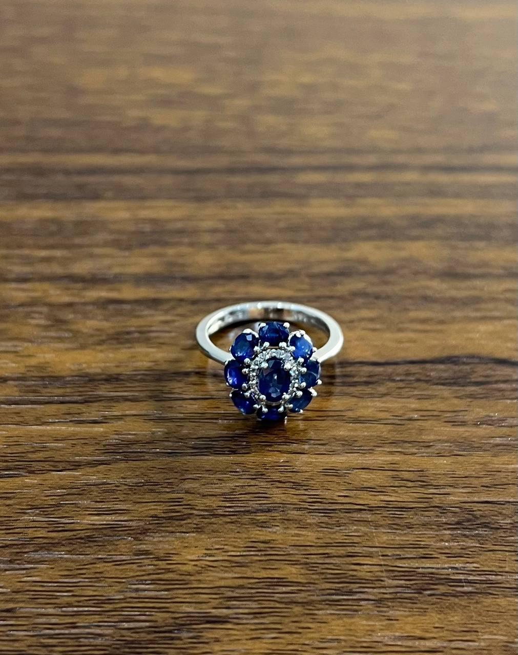 Women's Blue Sapphire Diamond Halo Floral Flower Shape 14K White Gold Statement Ring For Sale