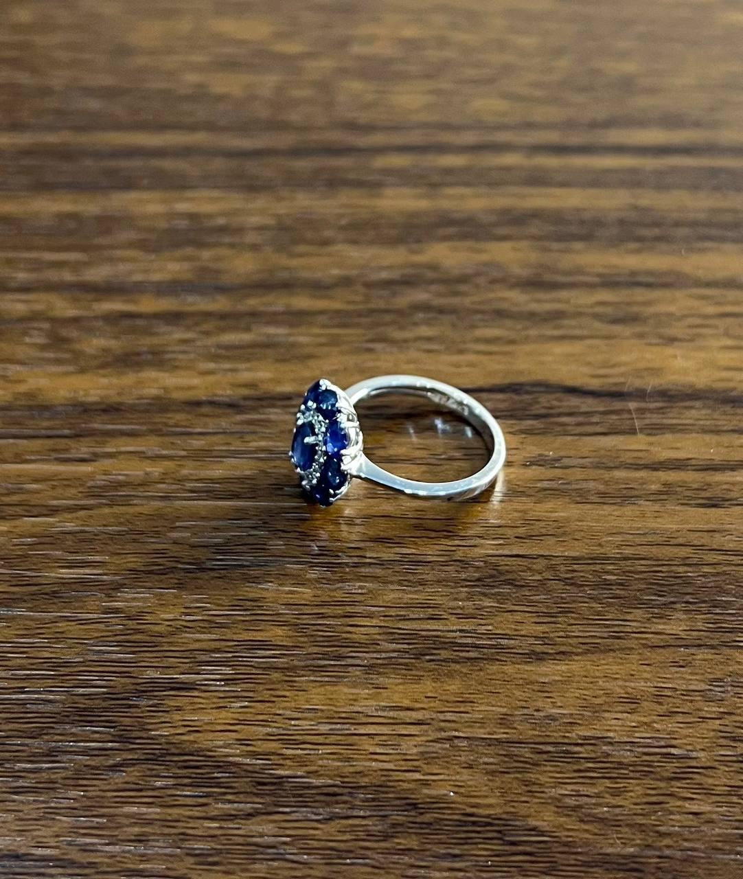 Blue Sapphire Diamond Halo Floral Flower Shape 14K White Gold Statement Ring For Sale 1