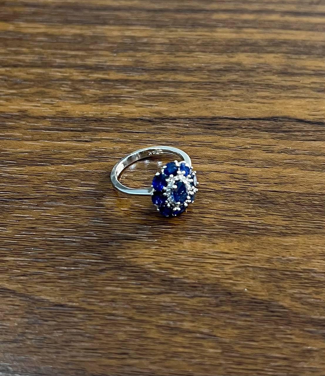 Blue Sapphire Diamond Halo Floral Flower Shape 14K White Gold Statement Ring For Sale 2