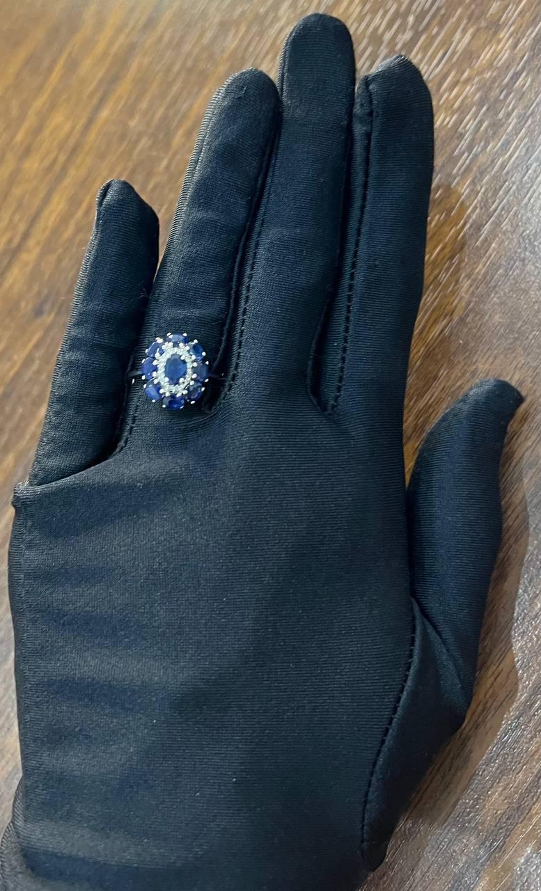 Blue Sapphire Diamond Halo Floral Flower Shape 14K White Gold Statement Ring For Sale 4