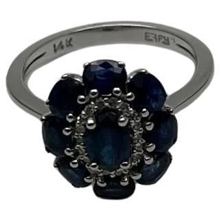 Blue Sapphire Diamond Halo Floral Flower Shape 14K White Gold Statement Ring