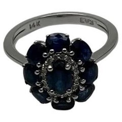 Blue Sapphire Diamond Halo Floral Flower Shape 14K White Gold Statement Ring
