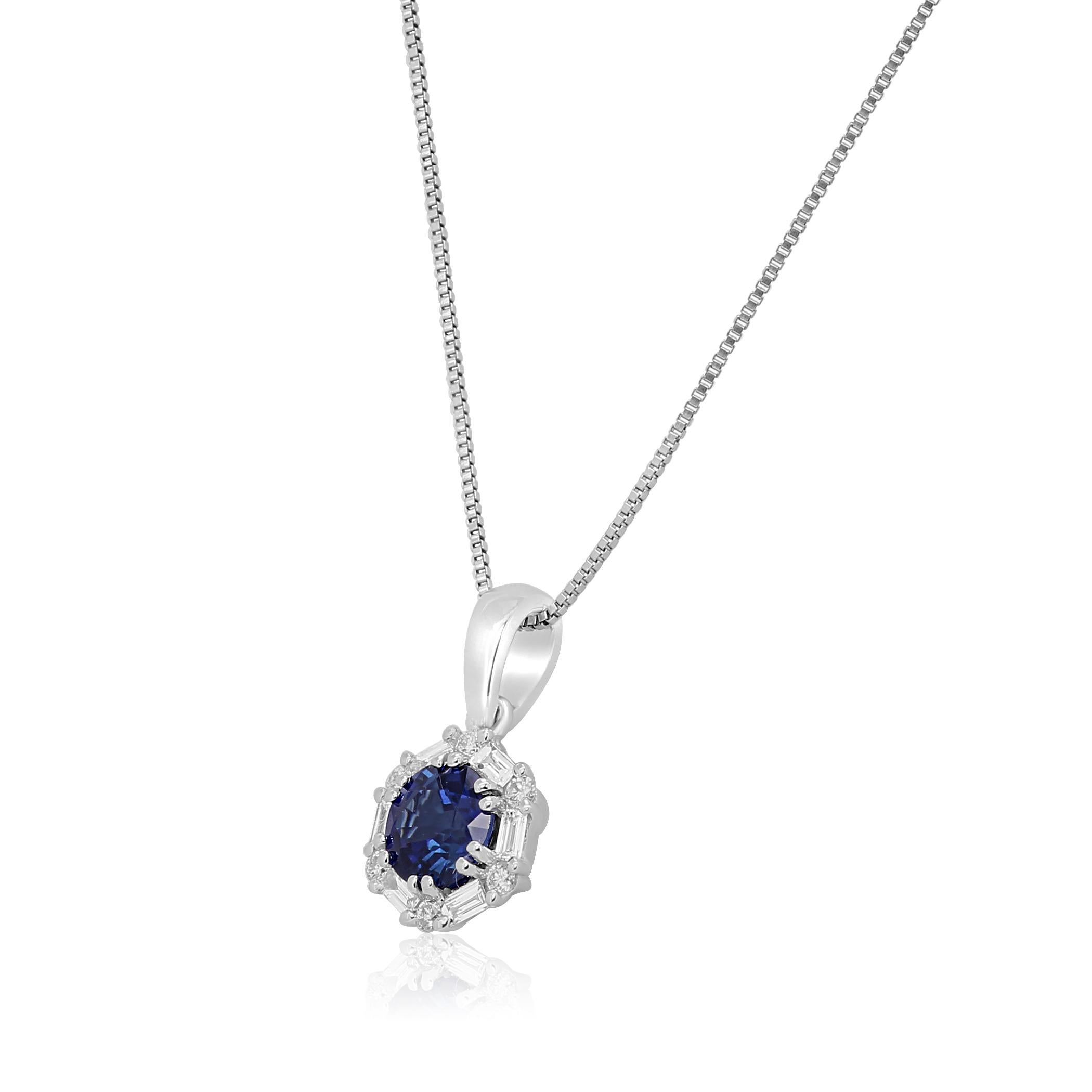 Blue Sapphire Round 0.77 Carat Encircled in a Halo of White Diamond Baguettes 0.13 Carat and White Diamond Round 0.07 Carat in 14K White Gold Must Have Every Day Wear Pendant Chain Necklace. 

Style available in different price ranges. Prices are