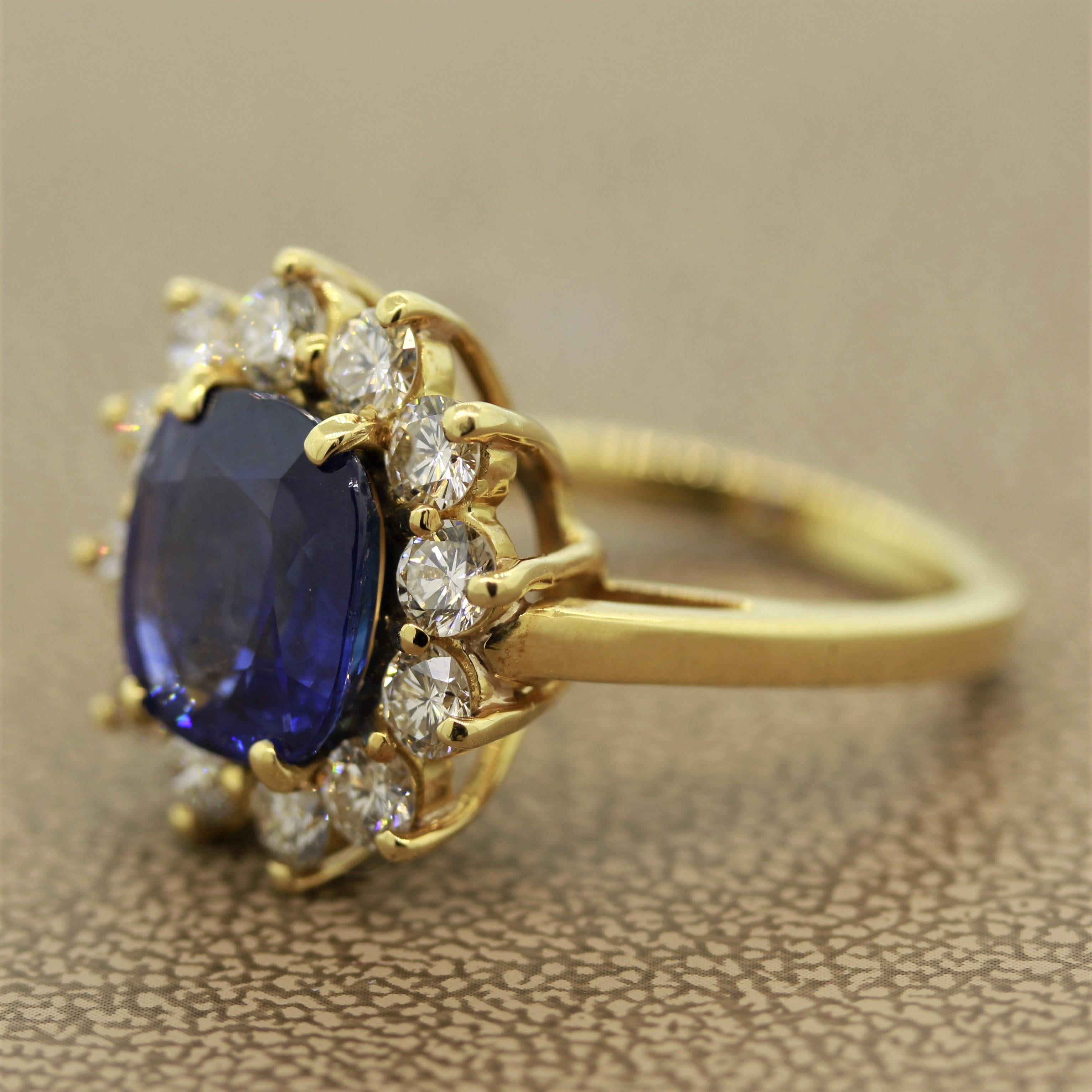 Cushion Cut Blue Sapphire Diamond Halo Gold Ring, GIA Certified
