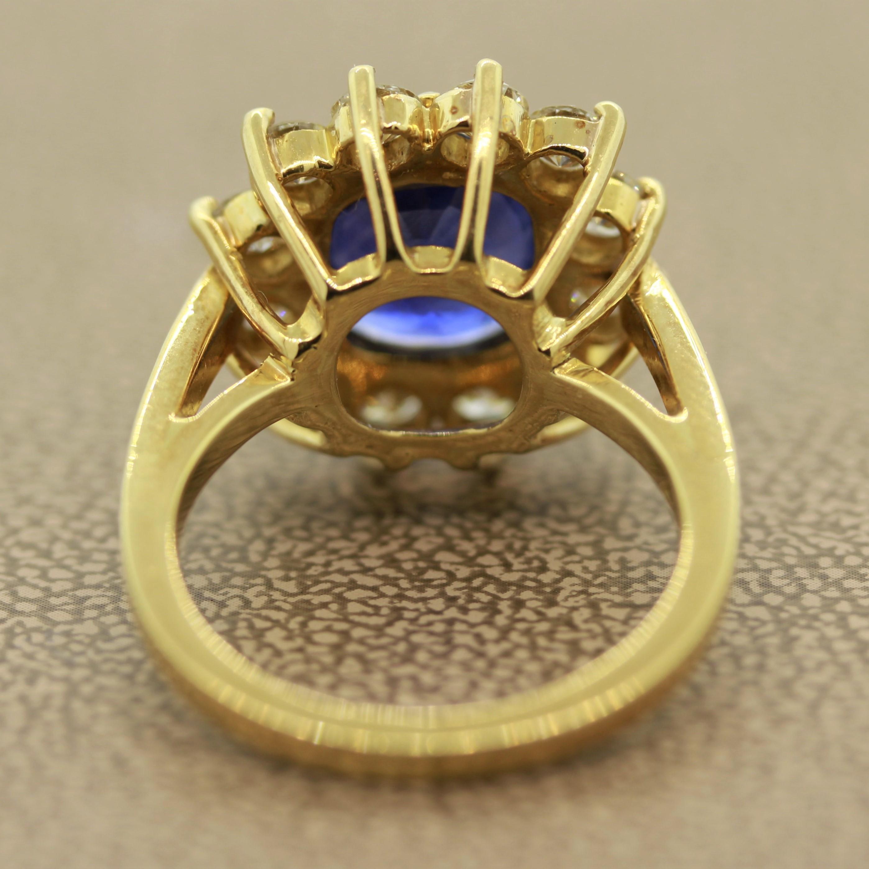 Women's Blue Sapphire Diamond Halo Gold Ring, GIA Certified