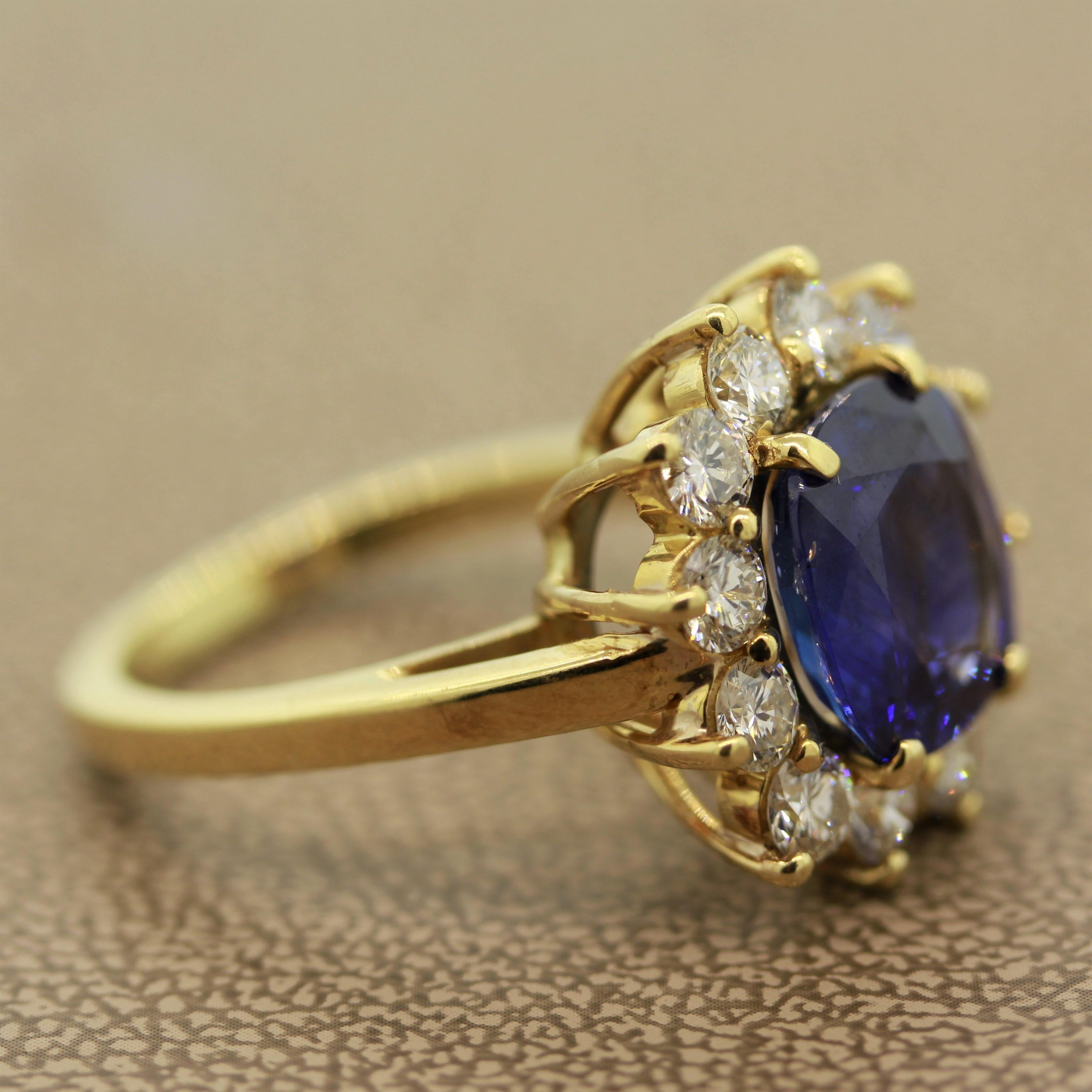 Blue Sapphire Diamond Halo Gold Ring, GIA Certified 2