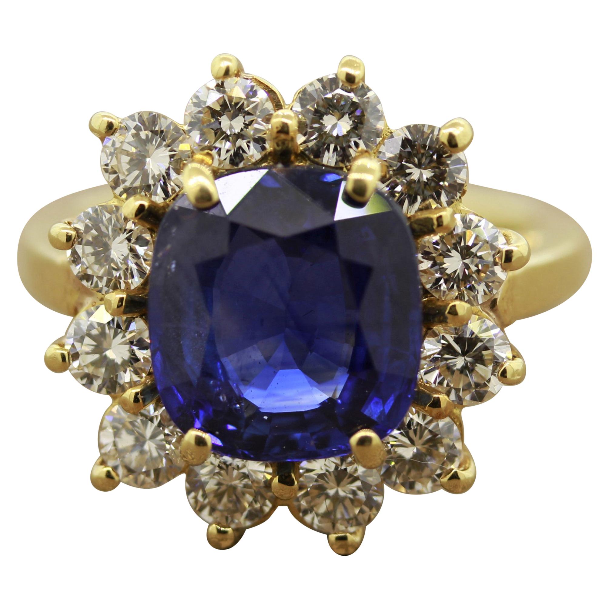 Blue Sapphire Diamond Halo Gold Ring, GIA Certified