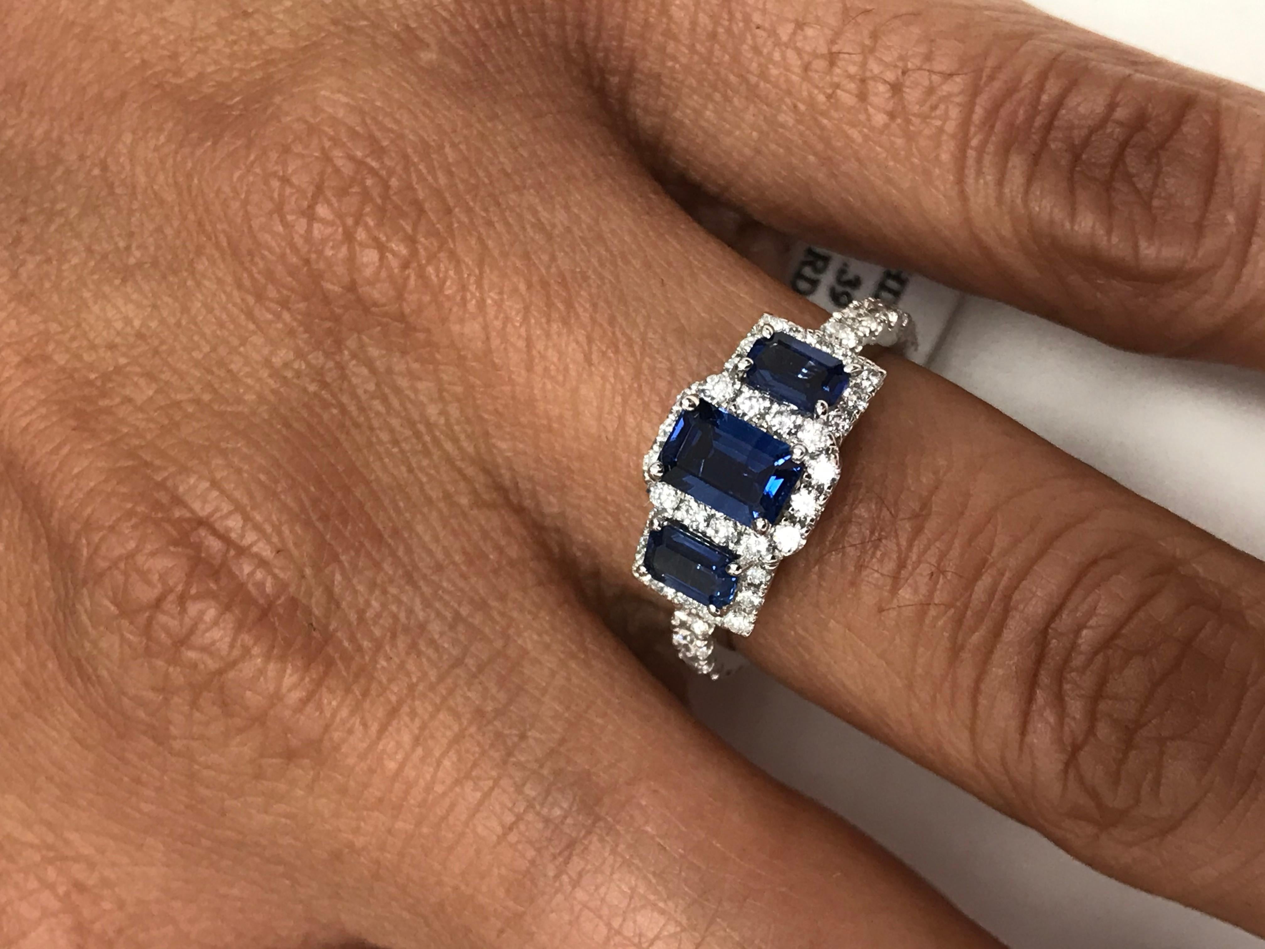 Blue Sapphire Diamond Halo Gold Three-Stone Cocktail Fashion Ring 5