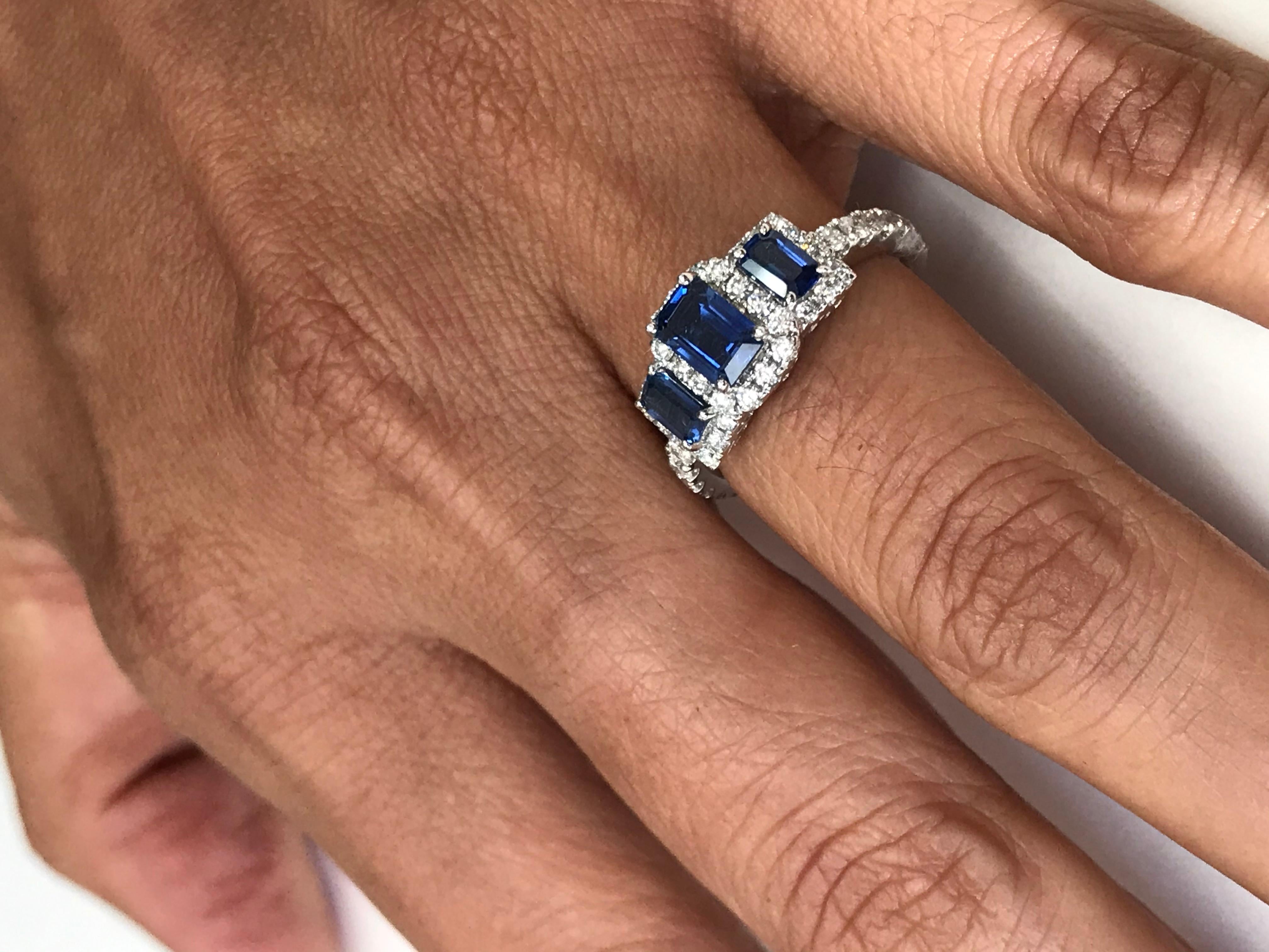 Blue Sapphire Diamond Halo Gold Three-Stone Cocktail Fashion Ring 7