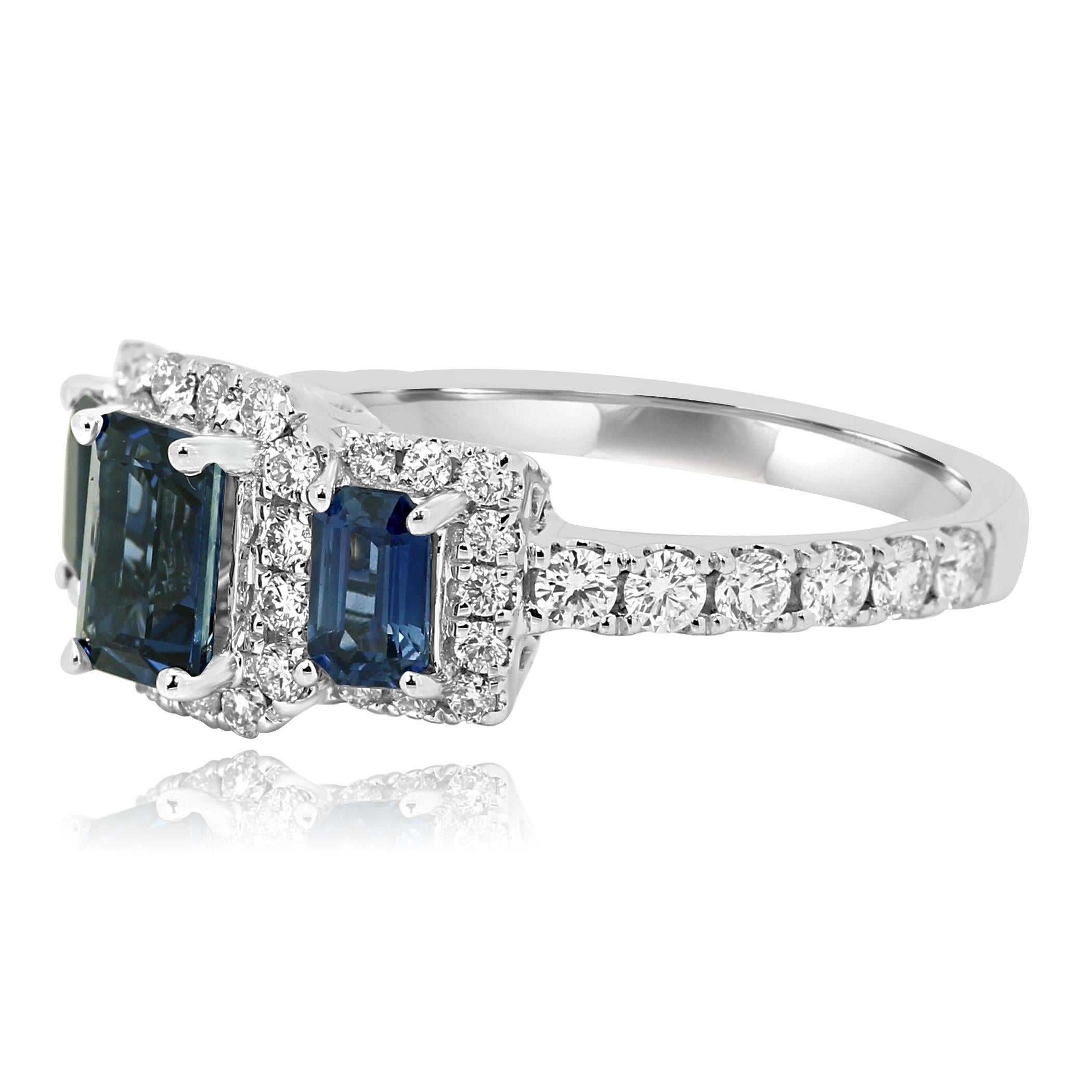 Modern Blue Sapphire Diamond Halo Gold Three-Stone Cocktail Fashion Ring