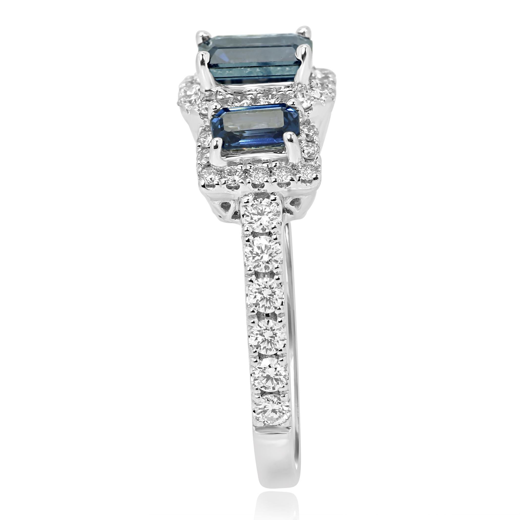 Emerald Cut Blue Sapphire Diamond Halo Gold Three-Stone Cocktail Fashion Ring