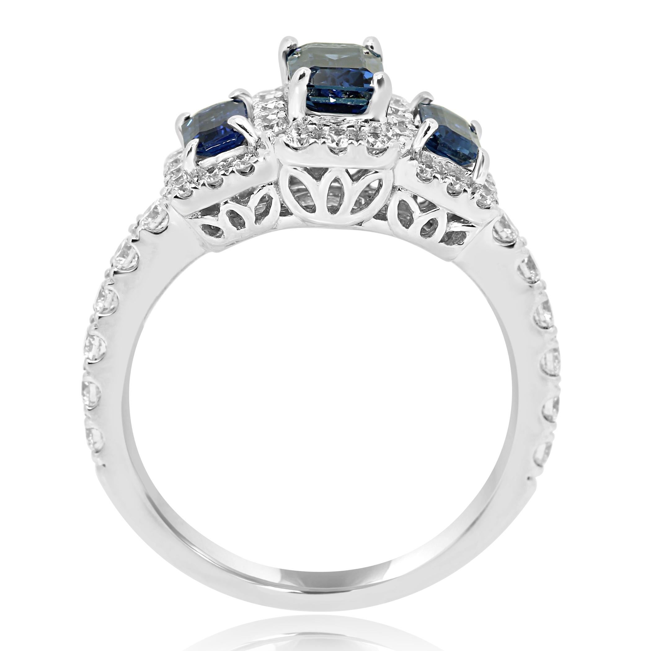 Women's or Men's Blue Sapphire Diamond Halo Gold Three-Stone Cocktail Fashion Ring