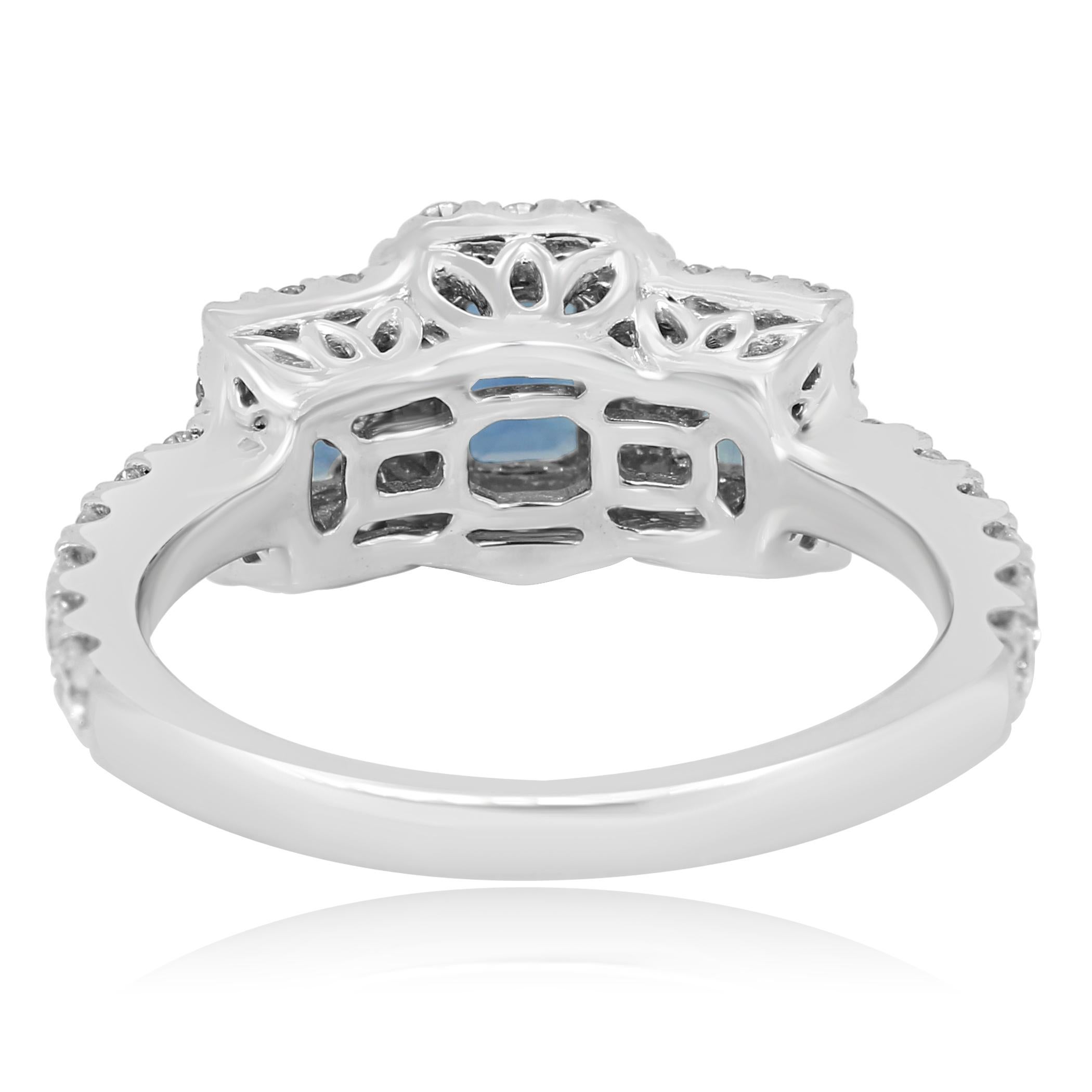 Blue Sapphire Diamond Halo Gold Three-Stone Cocktail Fashion Ring 1