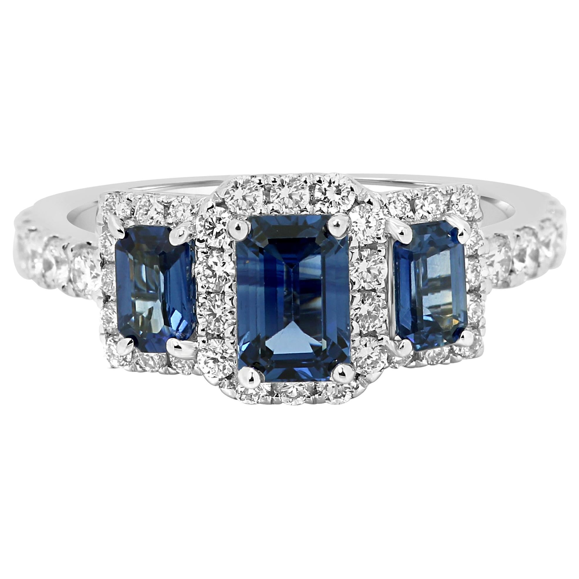 Blue Sapphire Diamond Halo Gold Three-Stone Cocktail Fashion Ring