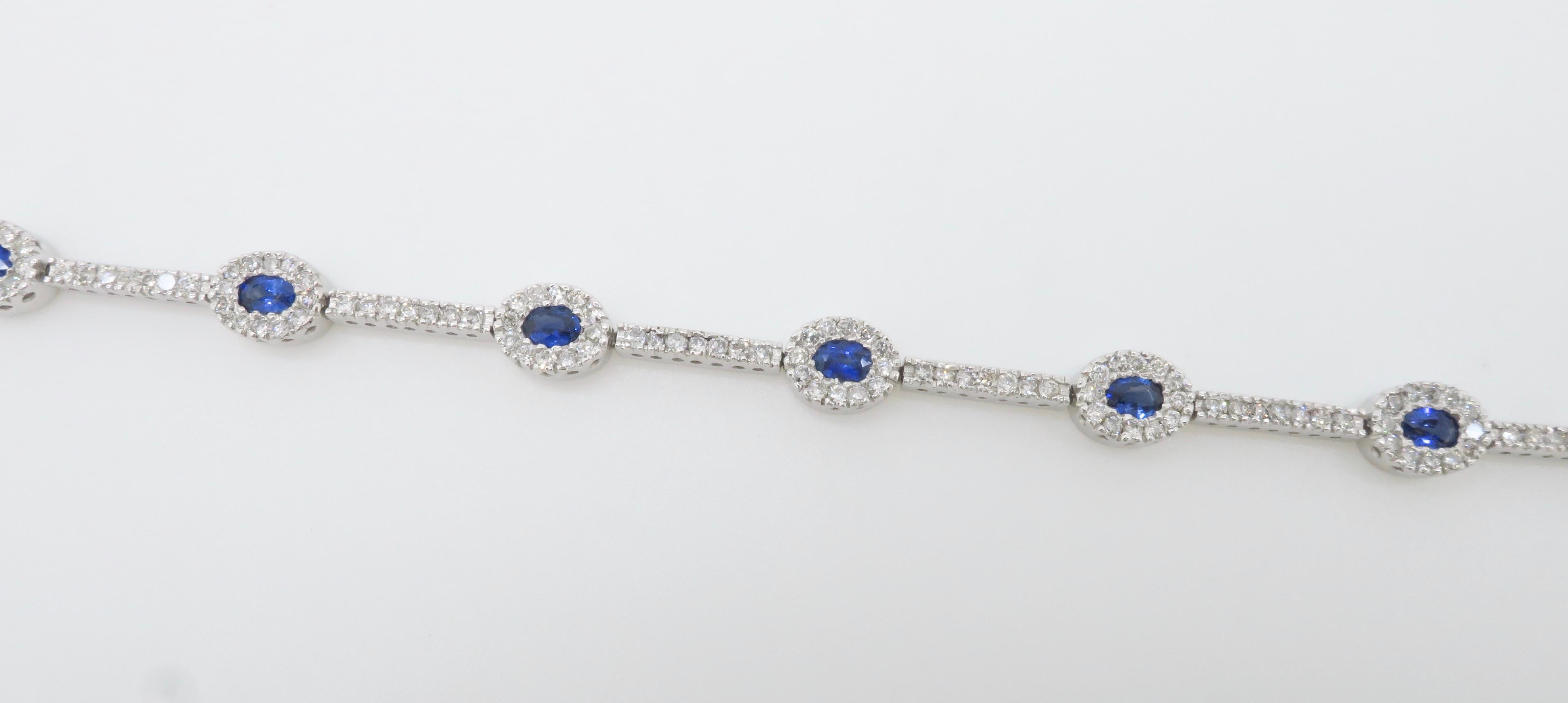 Blue Sapphire & Diamond Halo Line Bracelet in White Gold  For Sale 5
