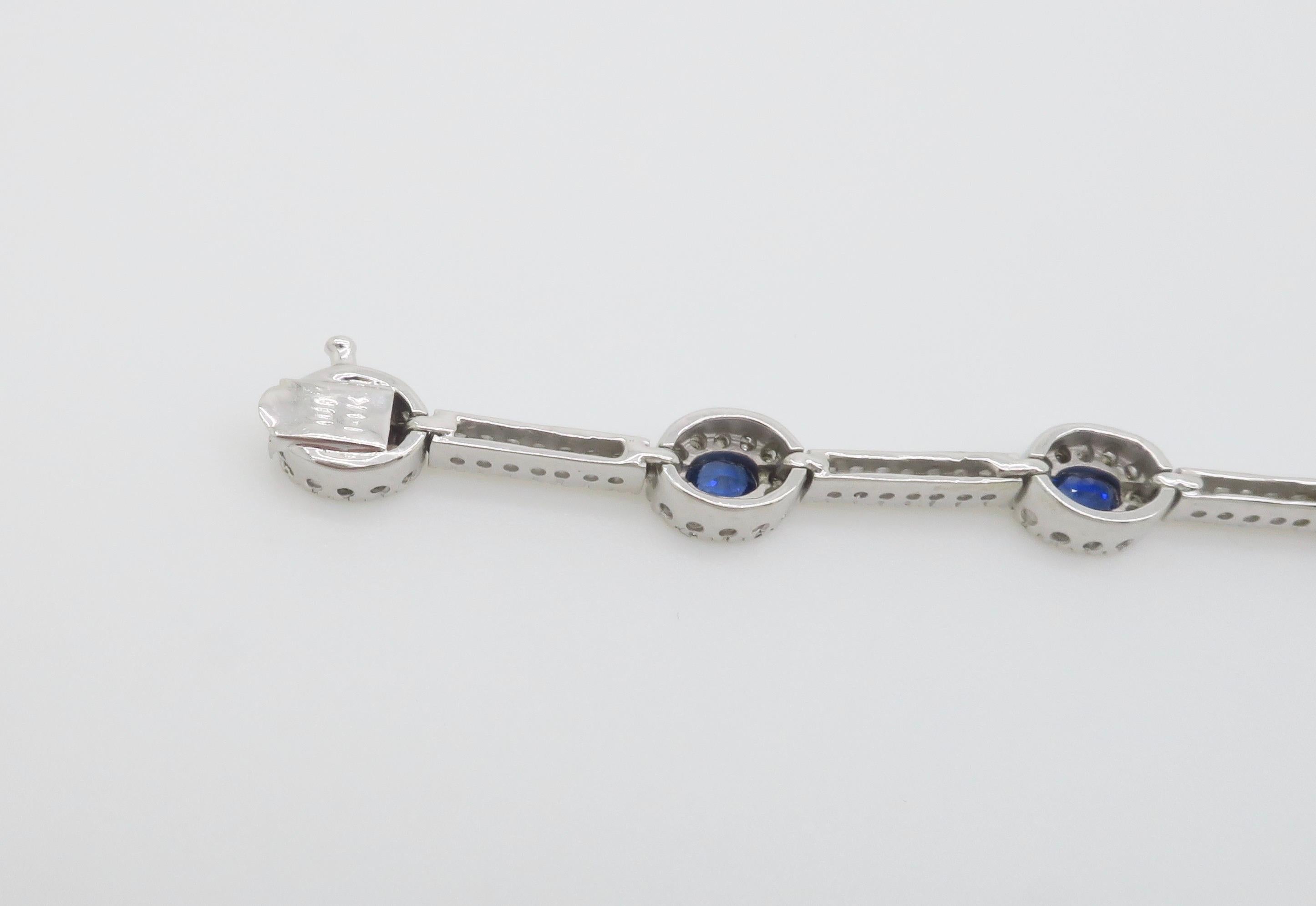 Blue Sapphire & Diamond Halo Line Bracelet in White Gold For Sale 6