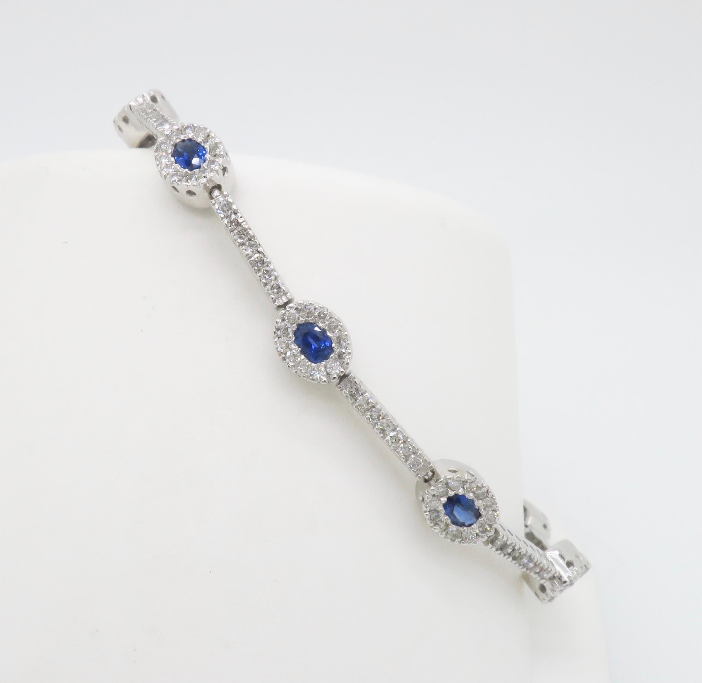 Blue Sapphire & Diamond Halo Line Bracelet in White Gold  In New Condition For Sale In Webster, NY