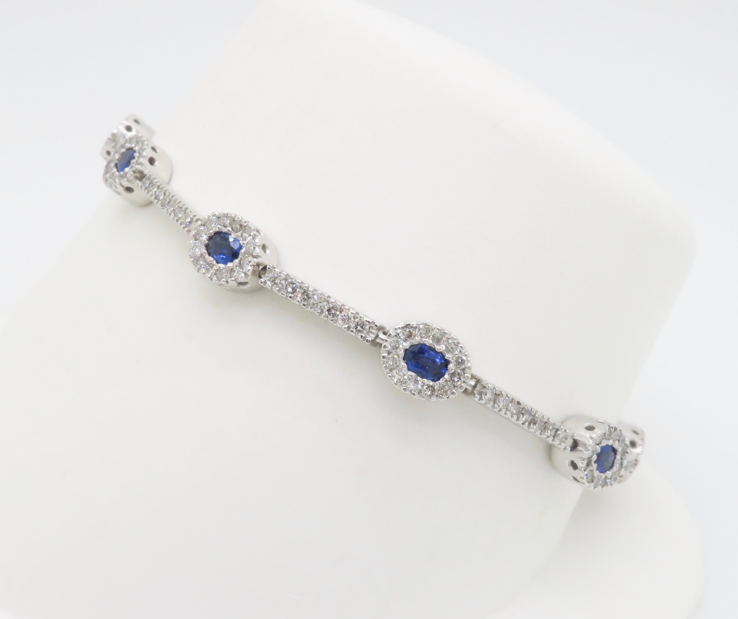 Women's or Men's Blue Sapphire & Diamond Halo Line Bracelet in White Gold  For Sale