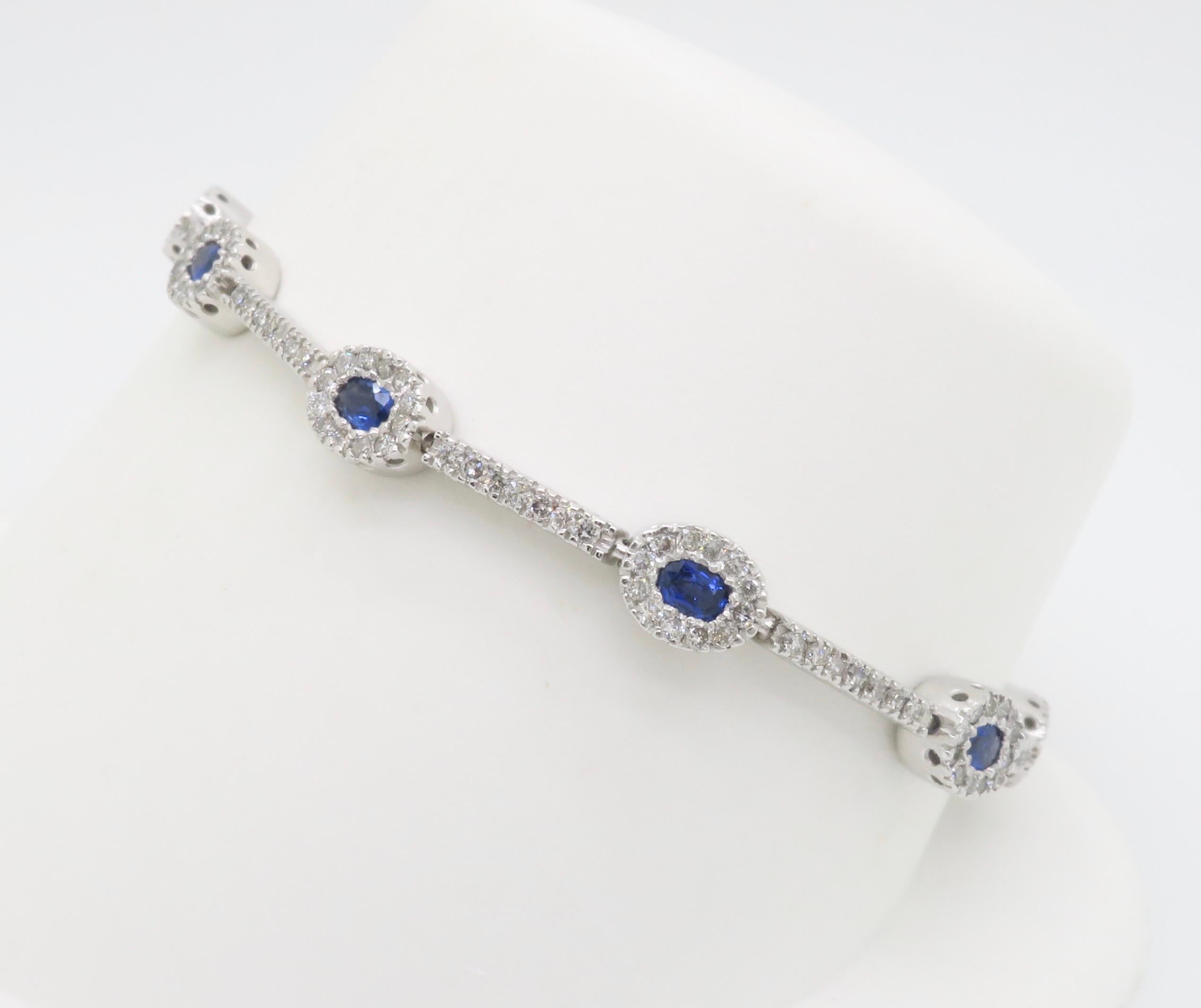 Women's or Men's Blue Sapphire & Diamond Halo Line Bracelet in White Gold For Sale