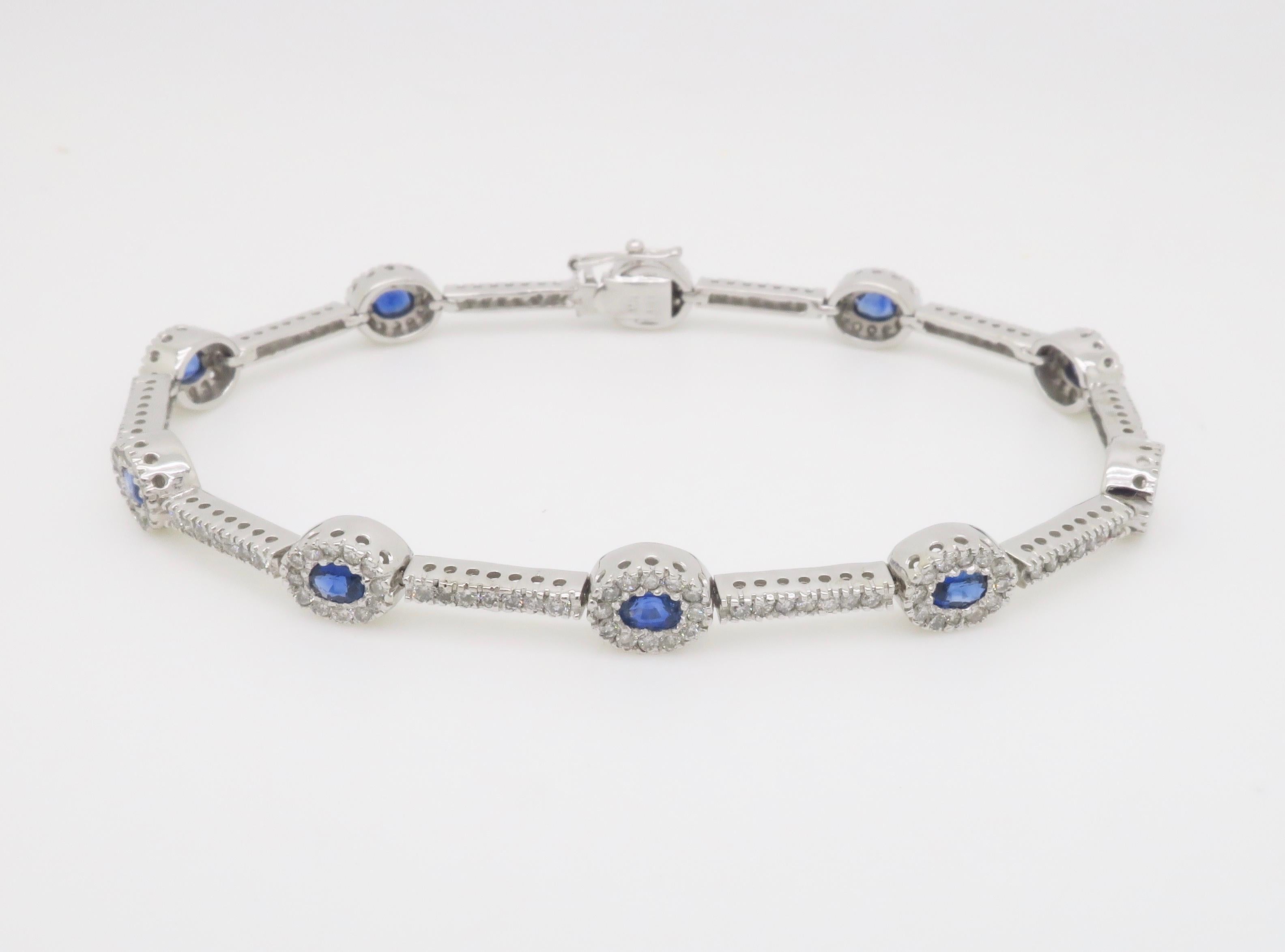Blue Sapphire & Diamond Halo Line Bracelet in White Gold  For Sale 2