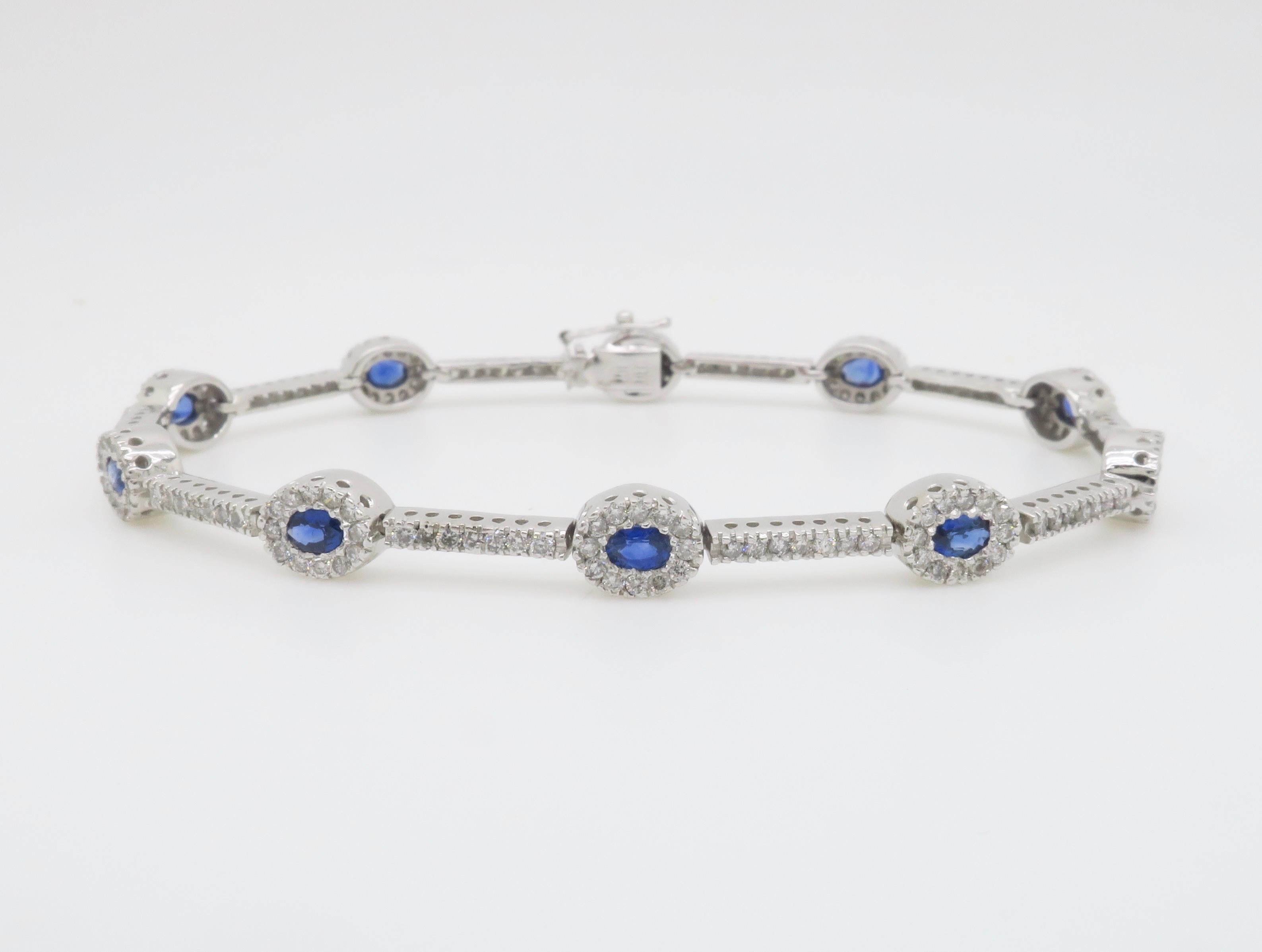 Blue Sapphire & Diamond Halo Line Bracelet in White Gold  For Sale 3